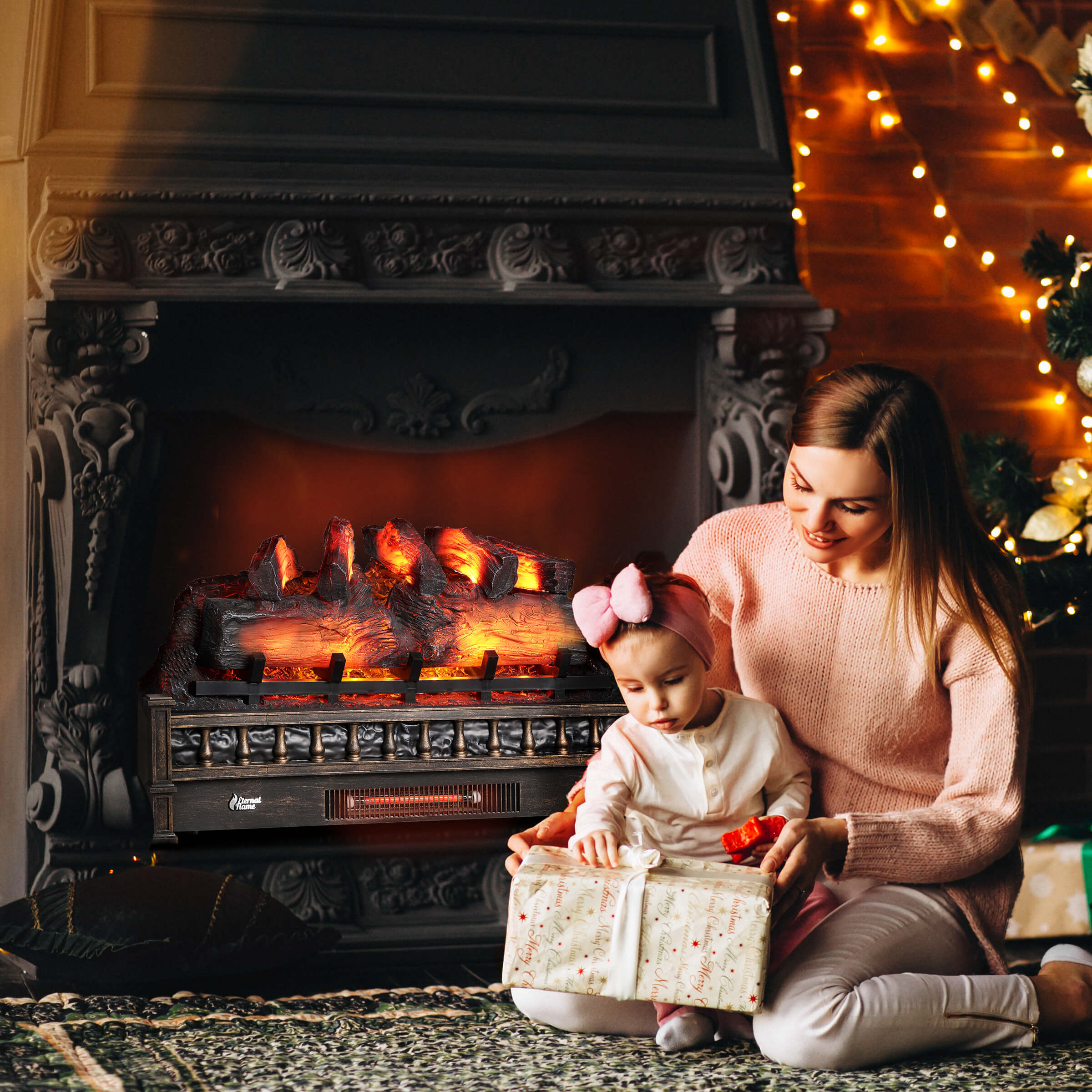 Electric fireplace mantel with glowing orange log set