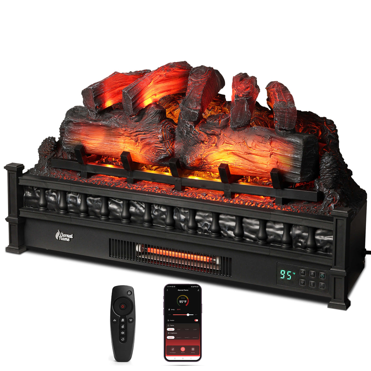 Electric fireplace with glowing orange log set and black cabinet, plus remote control