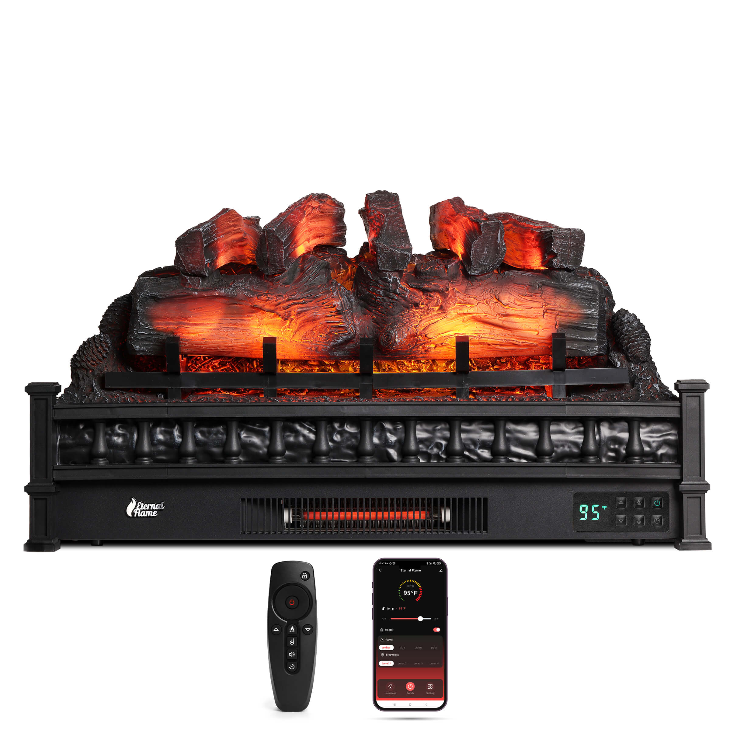 Electric fireplace with glowing log bed, black front panel, digital display and remote
