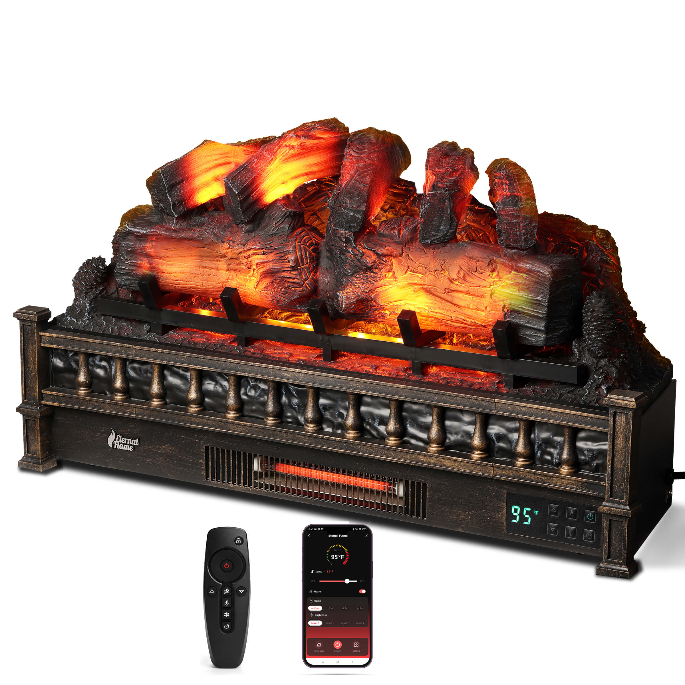 Electric fireplace with glowing orange logs, black cabinet and remote control included