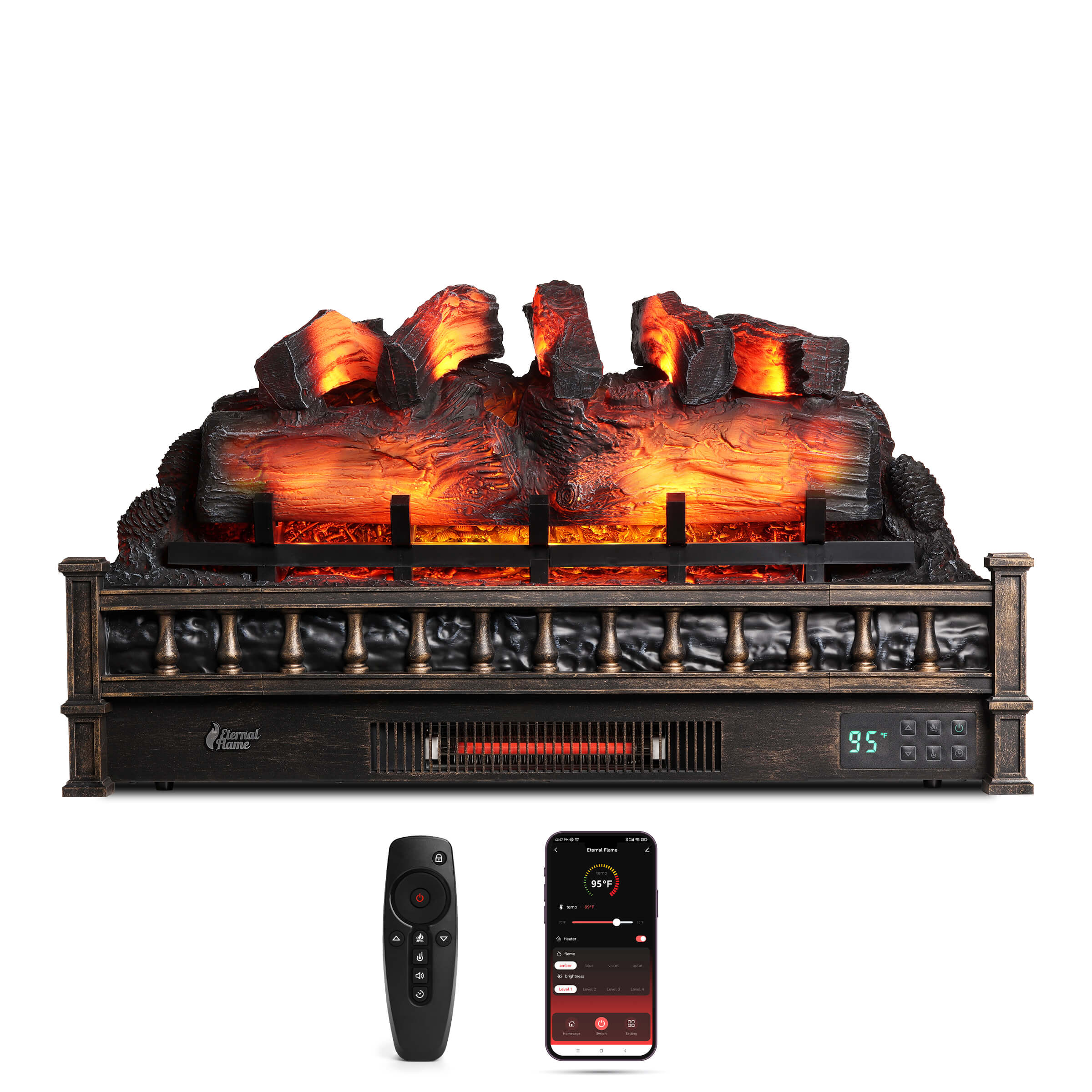 Electric fireplace with glowing log set, black front grille, digital display and remote