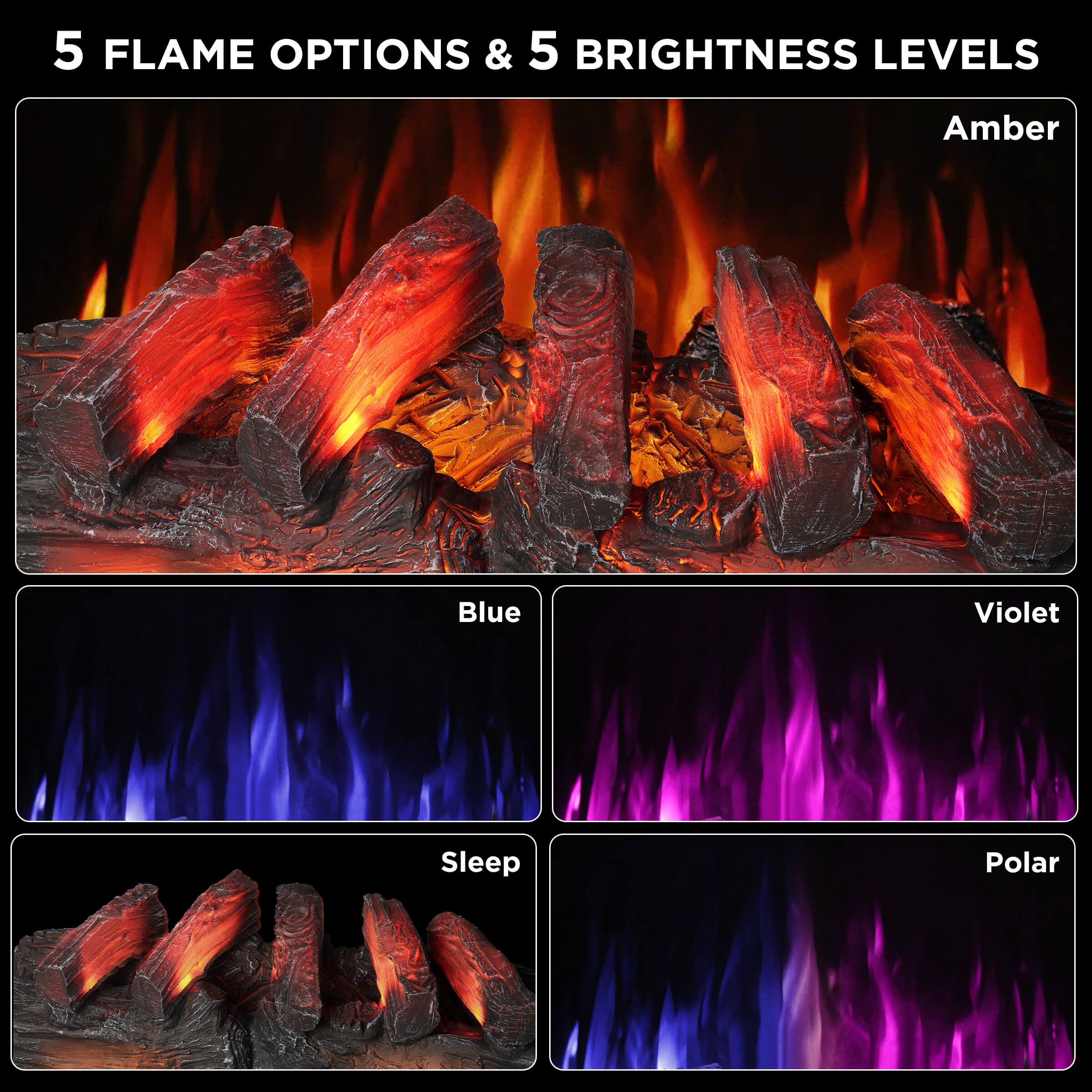 Electric fireplace flame colors: amber, blue, violet, plus sleep and polar modes