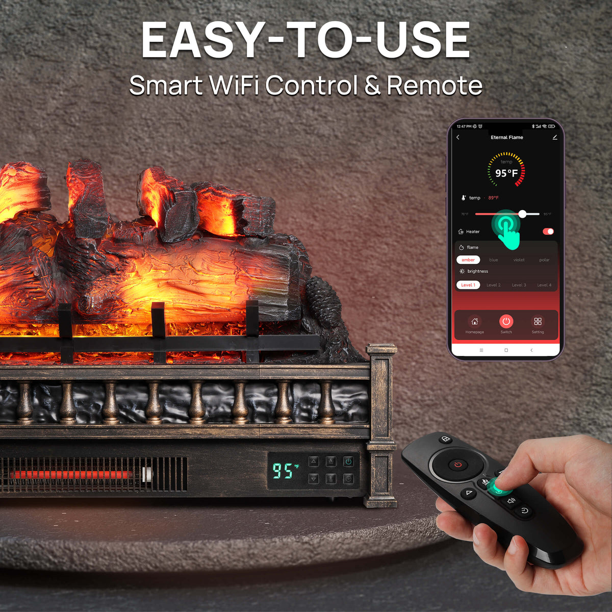 Electric fireplace log set with glowing orange flame and black remote controller