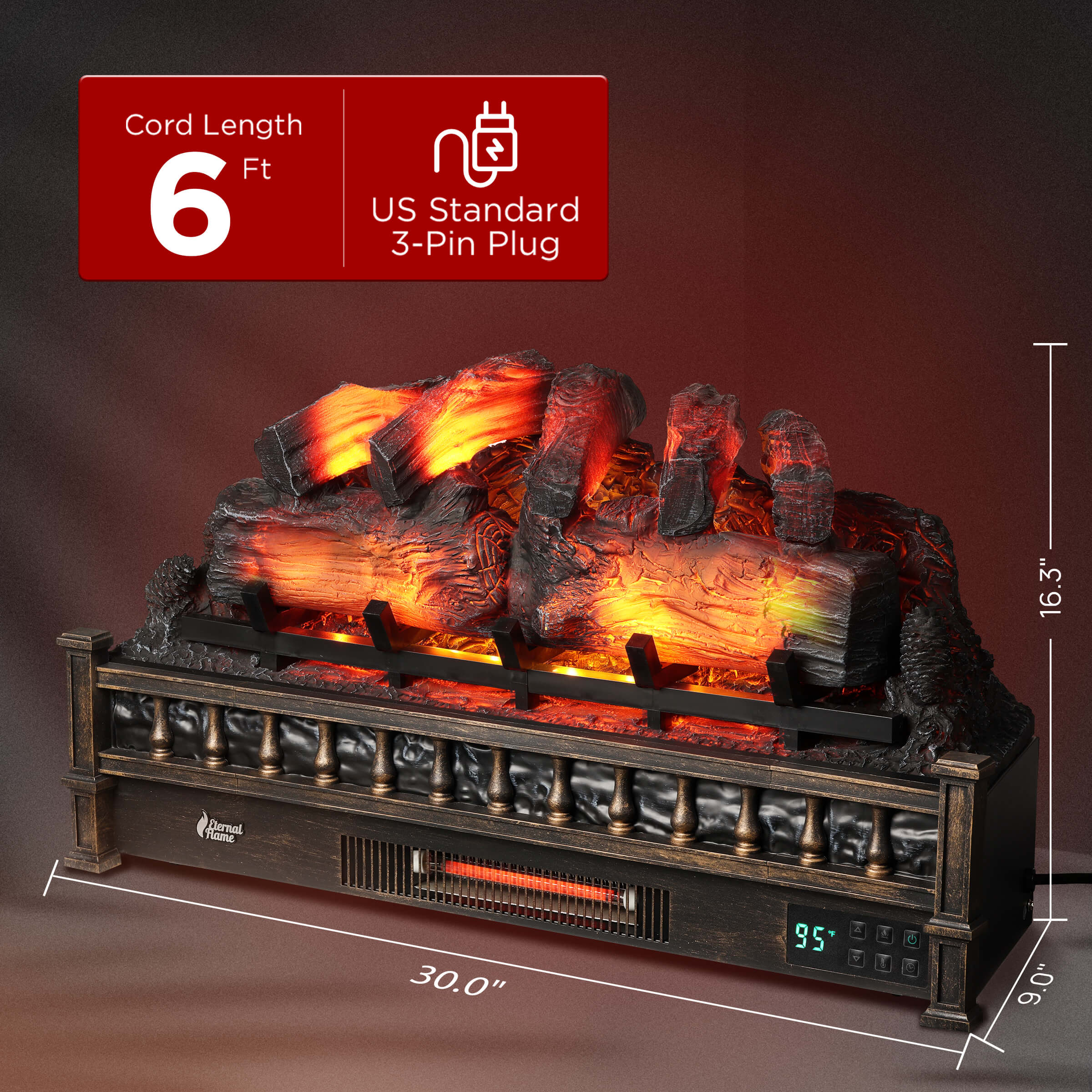 Electric fireplace log set with glowing orange flame and digital control display