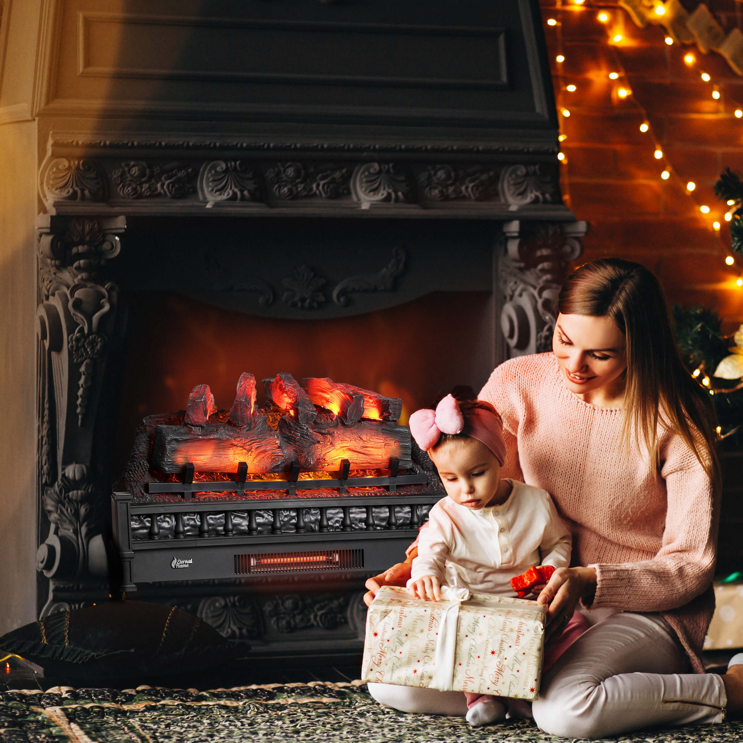 Electric fireplace with glowing orange logs