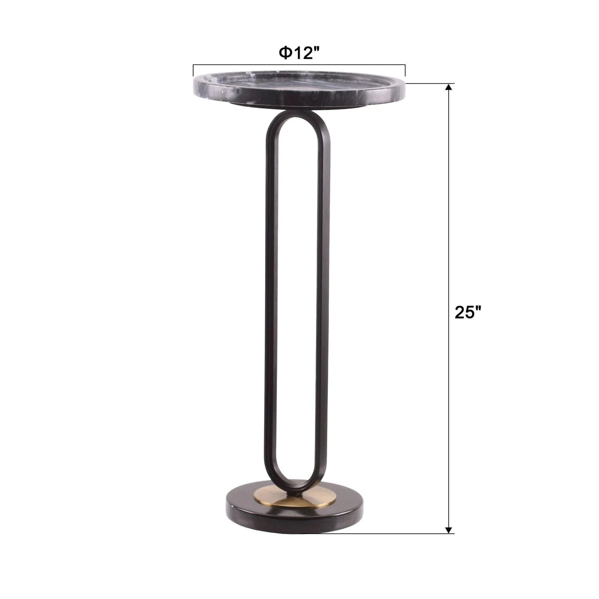 Black 12-inch round side table, 25-inch height with metal frame and tabletop