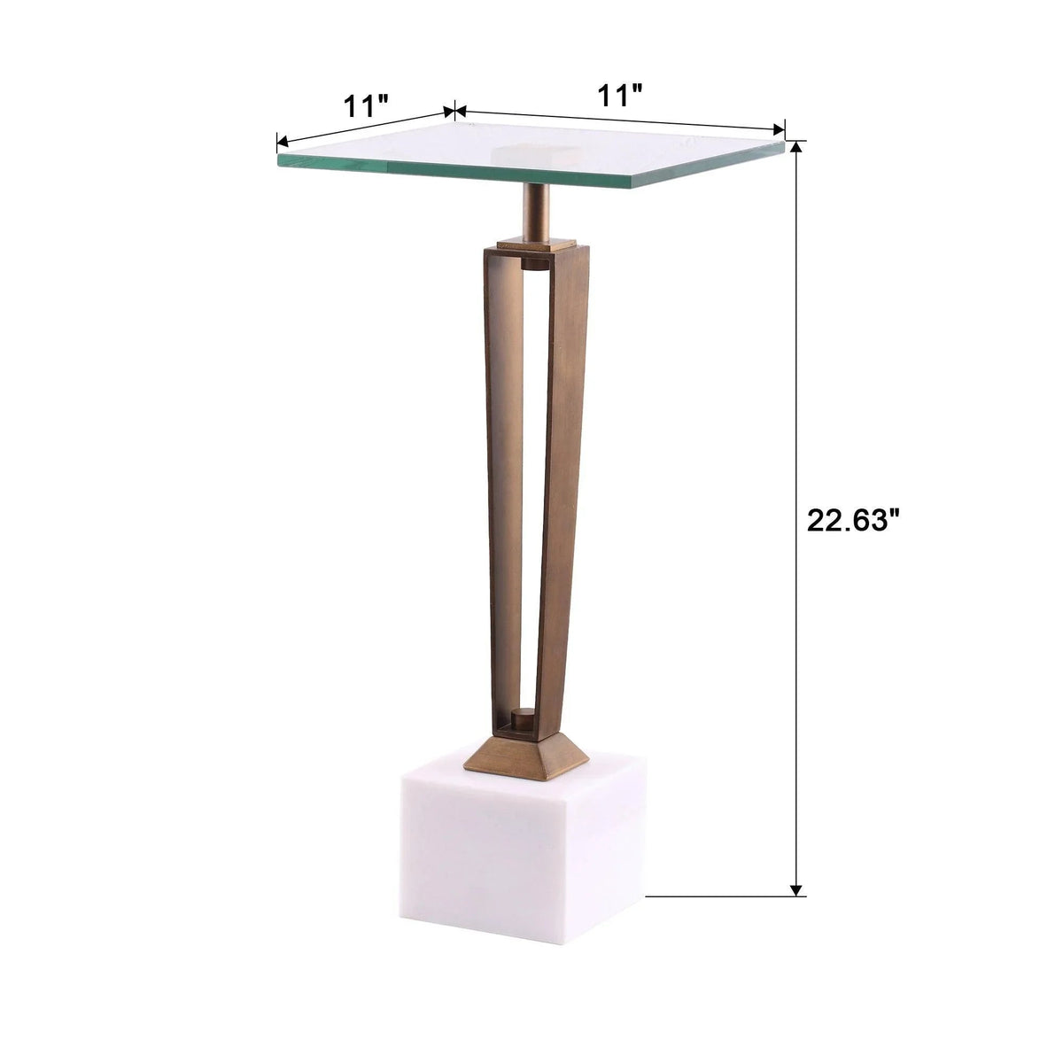 Modern martini table with green-tinted glass top, white cube base; 22.63 in height