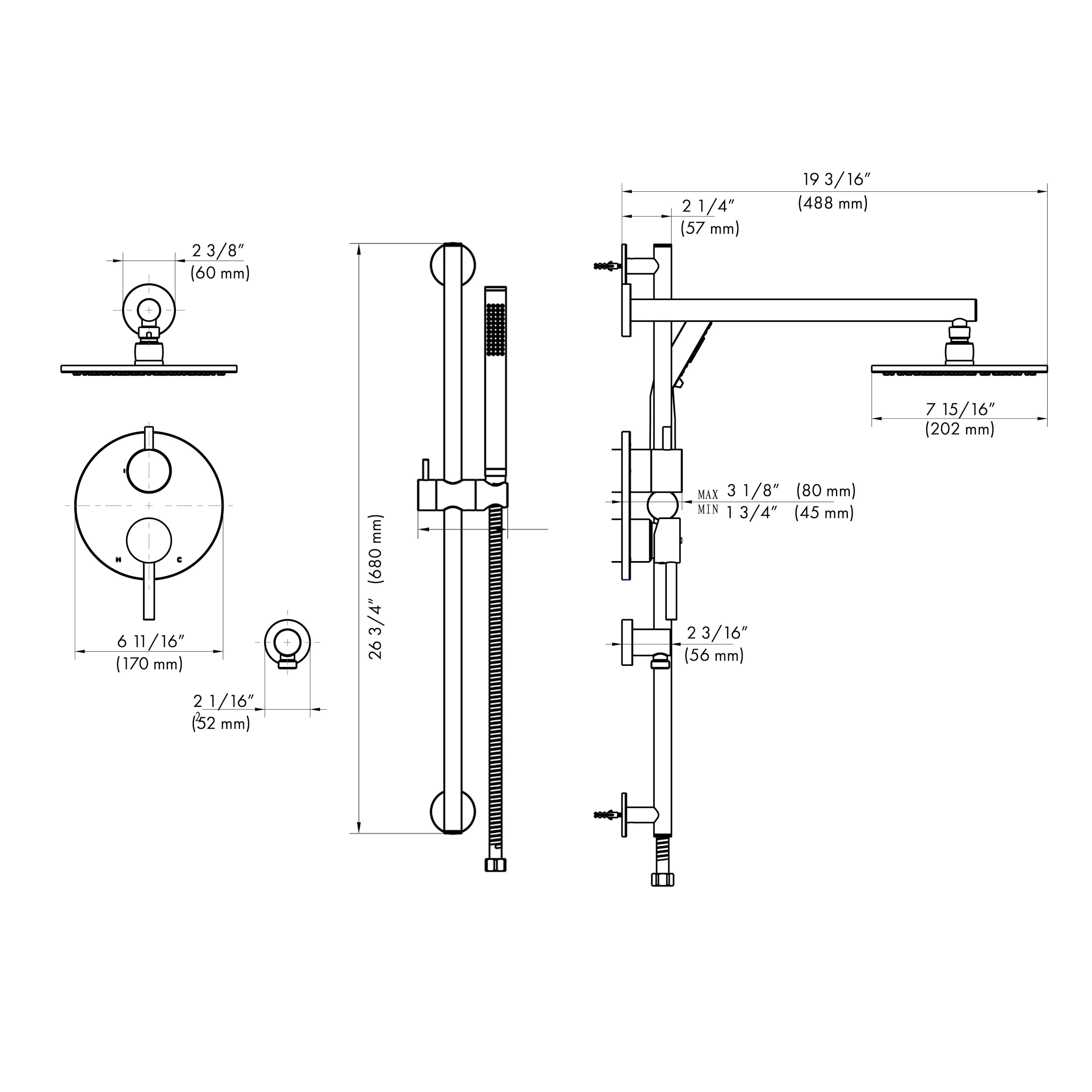 Shower faucet installation diagram with dimension lines and parts layout