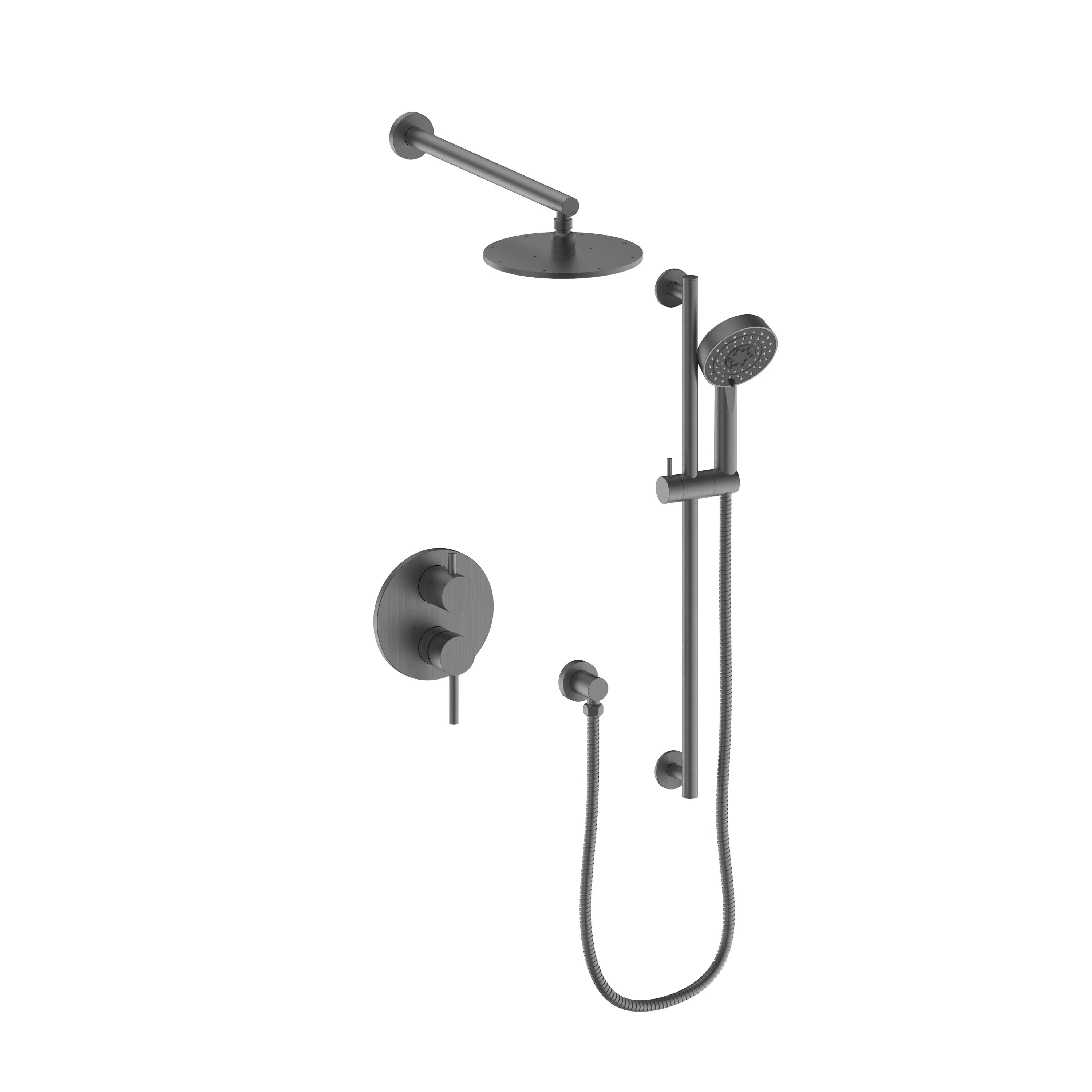 Gun metal shower system with overhead and handheld sprayers, hose, and wall controls