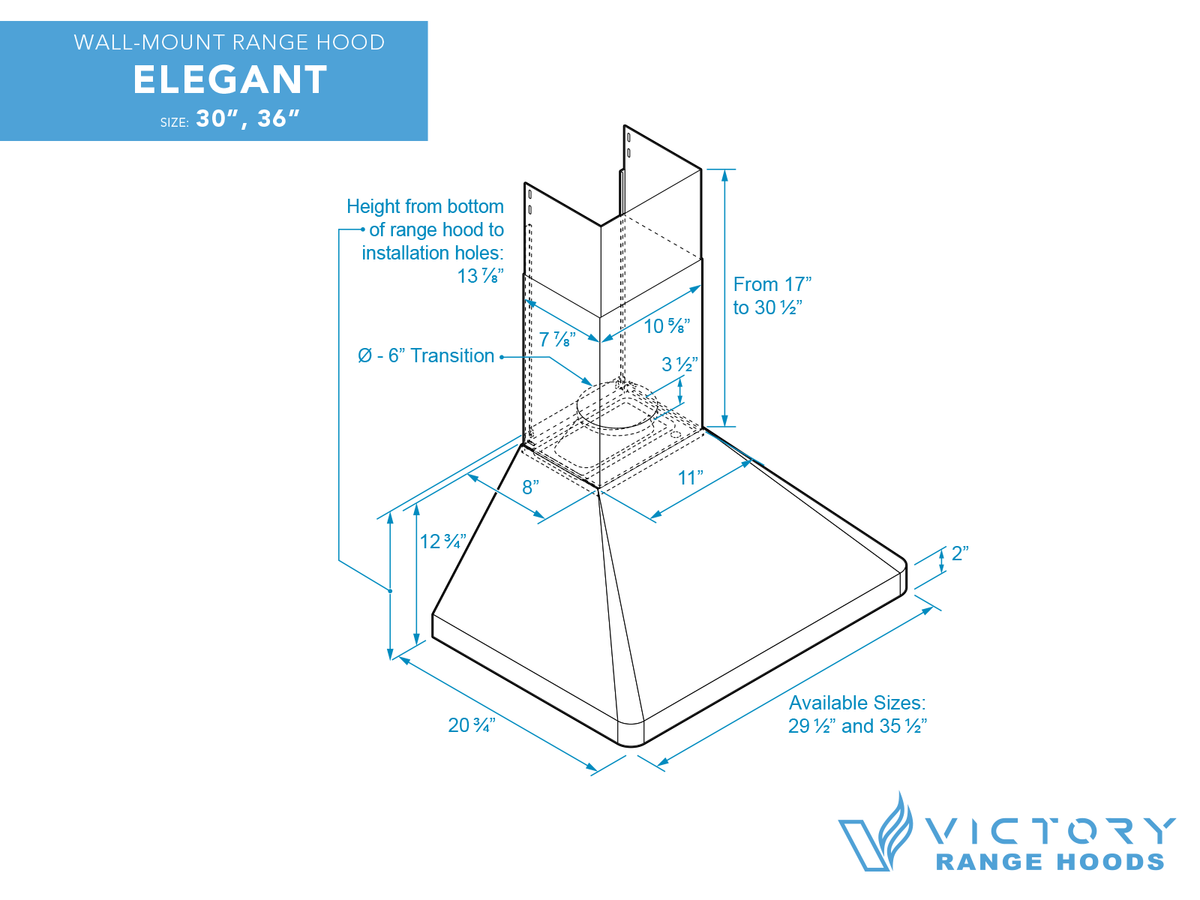 Victory Elegant 36-inch wall mounted range hood with 450 CFM remote blower (Elegant-36-RB)