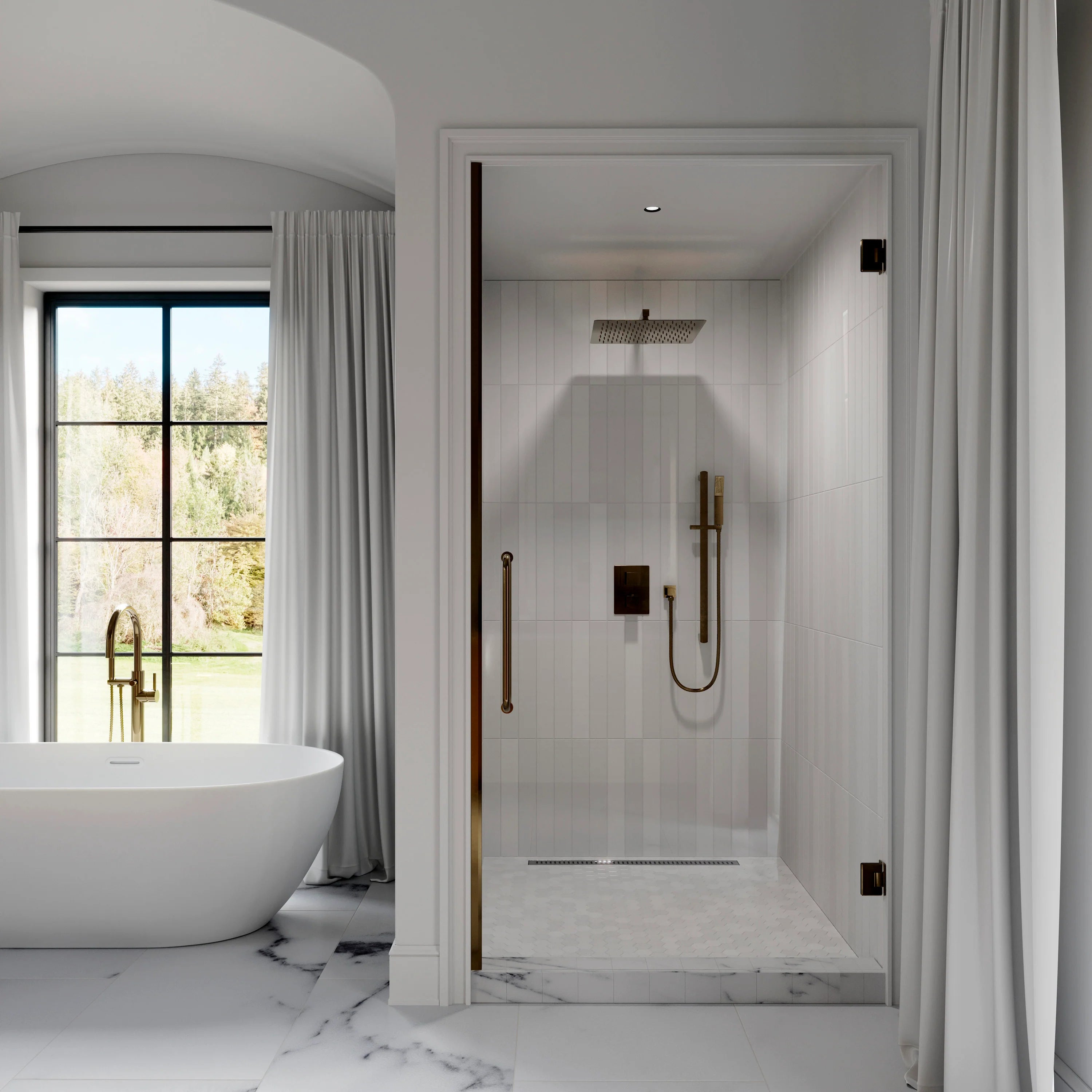 Champagne bronze thermostatic shower system with wall-mounted control and rainfall showerhead