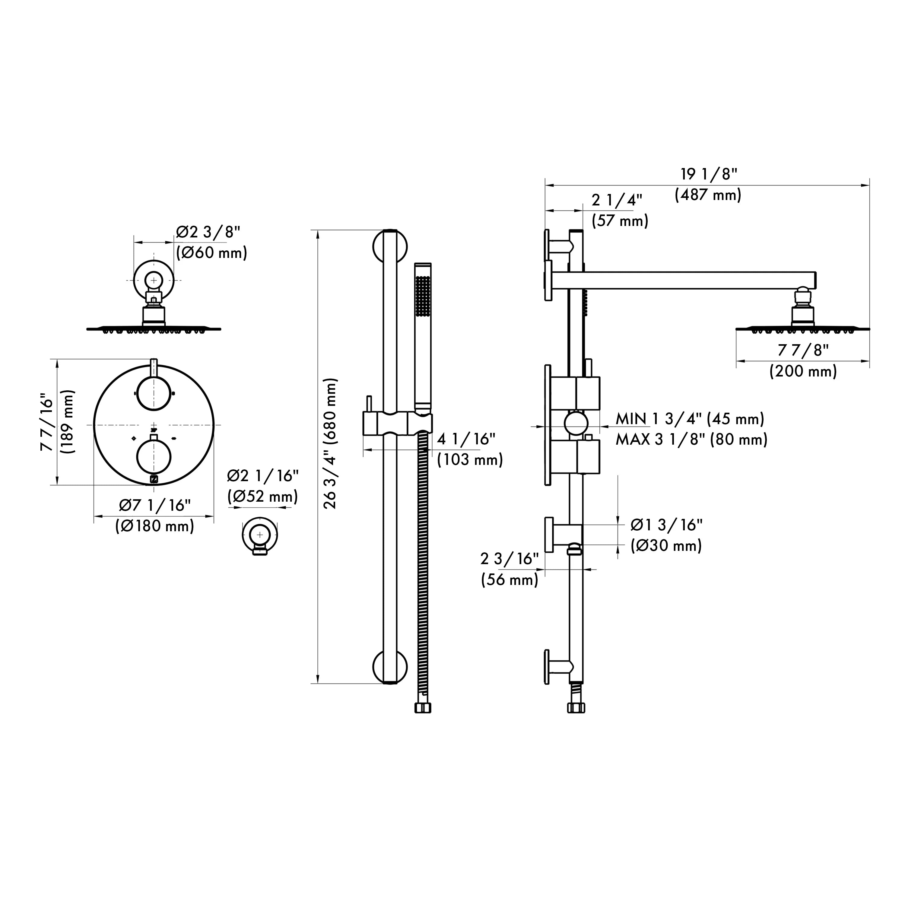 Chrome thermostatic shower system diagram with dimensions and control components