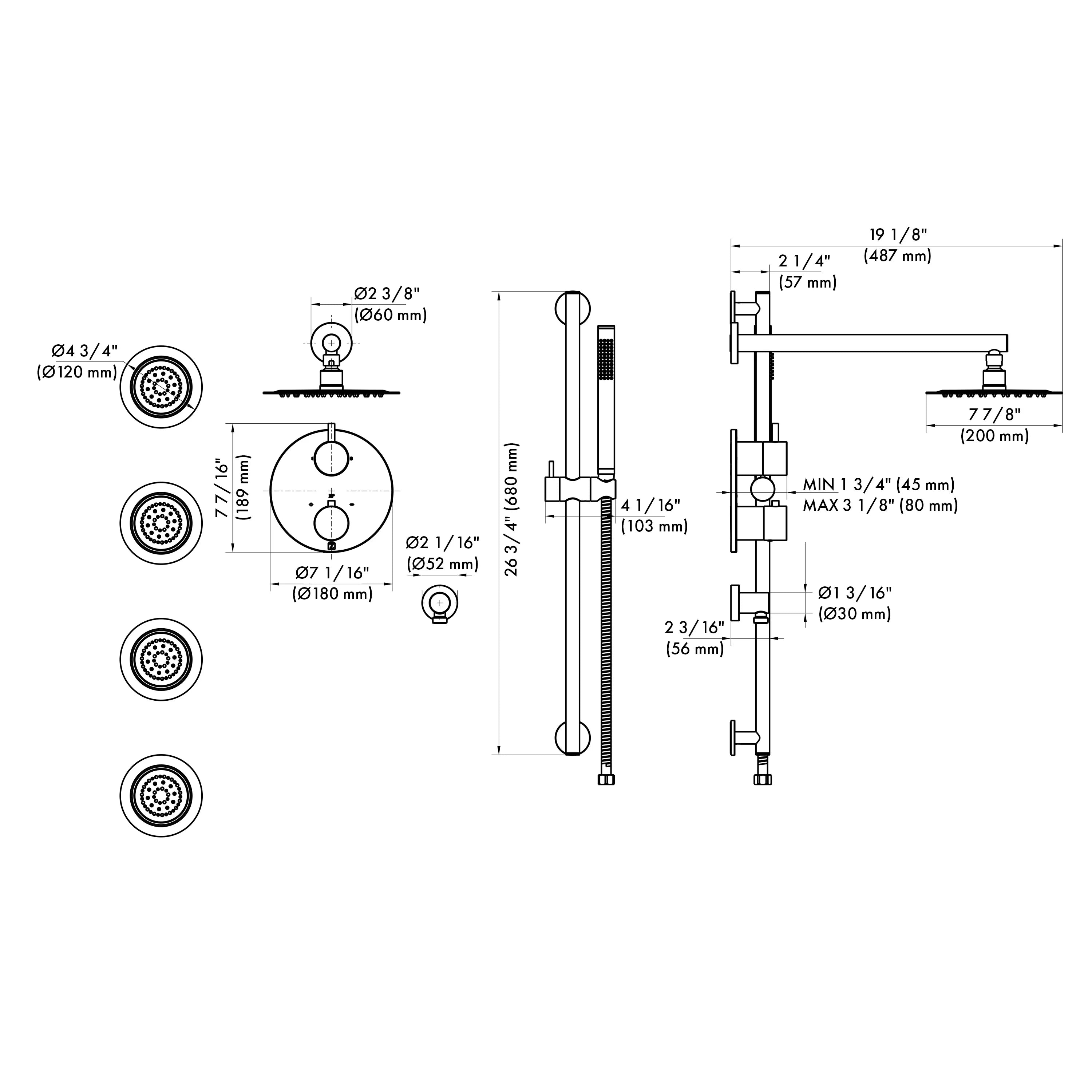 Thermostatic shower system technical diagram showing dimensions and control layout