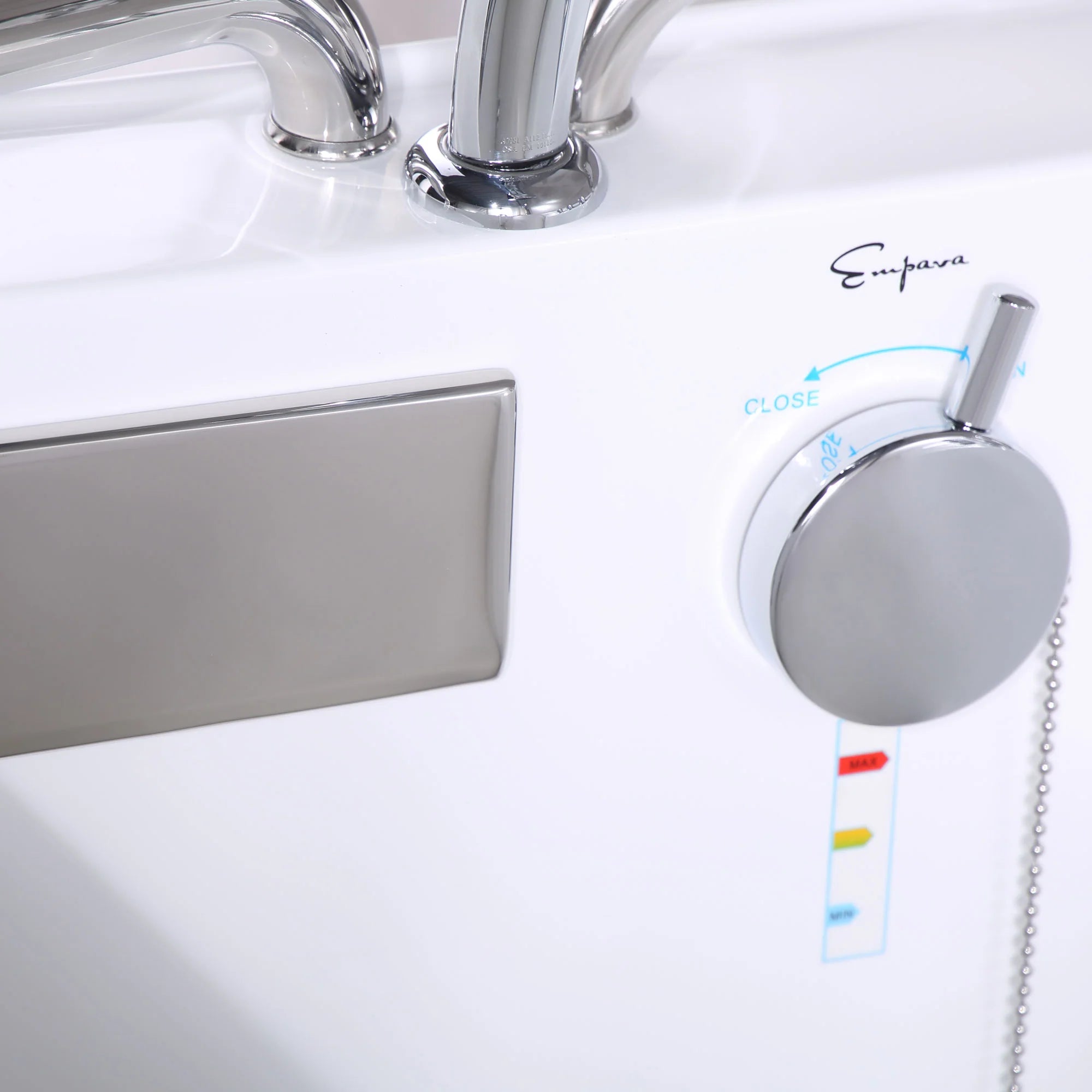Walk-in soaking bathtub control dial and chrome handheld shower handle