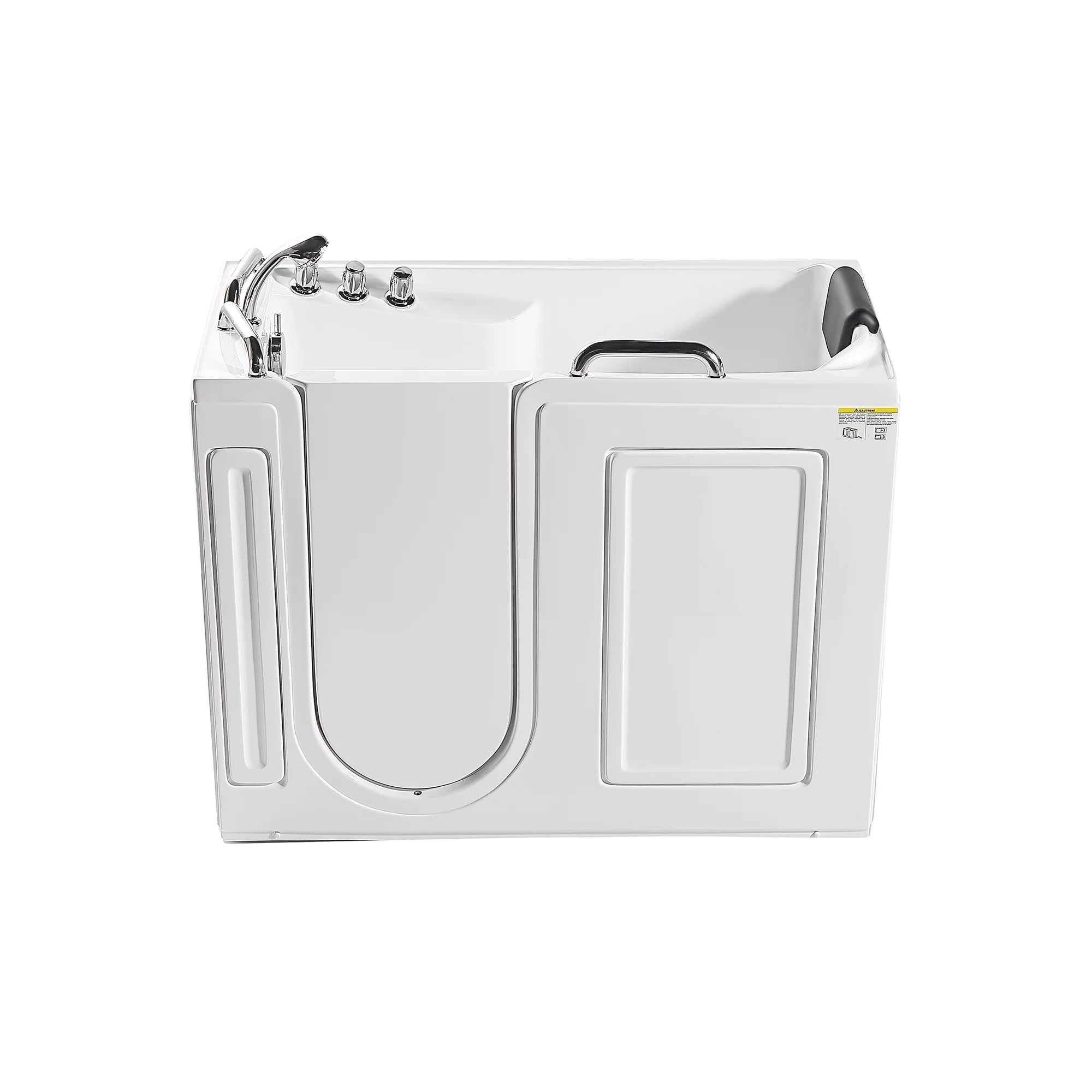 Walk-in soaking bathtub front with chrome controls and black headrest