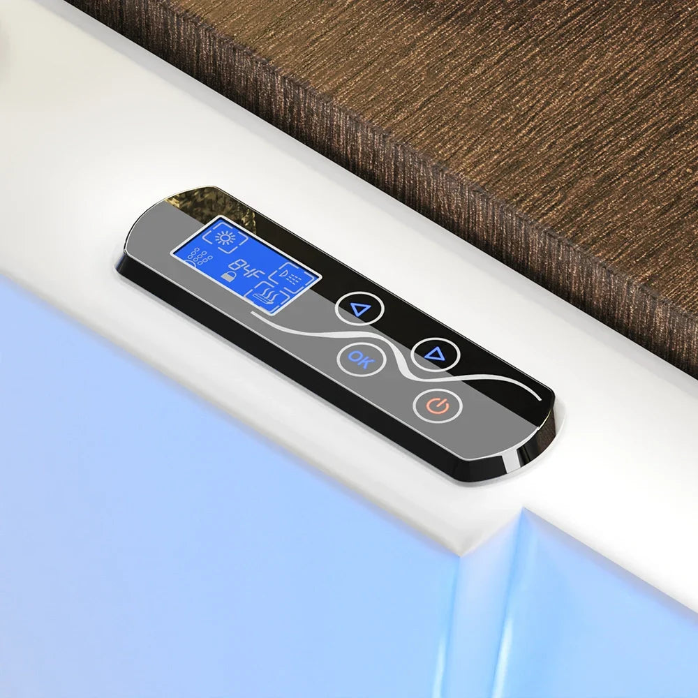 Black LED control panel with buttons for whirlpool massage on a white tub edge