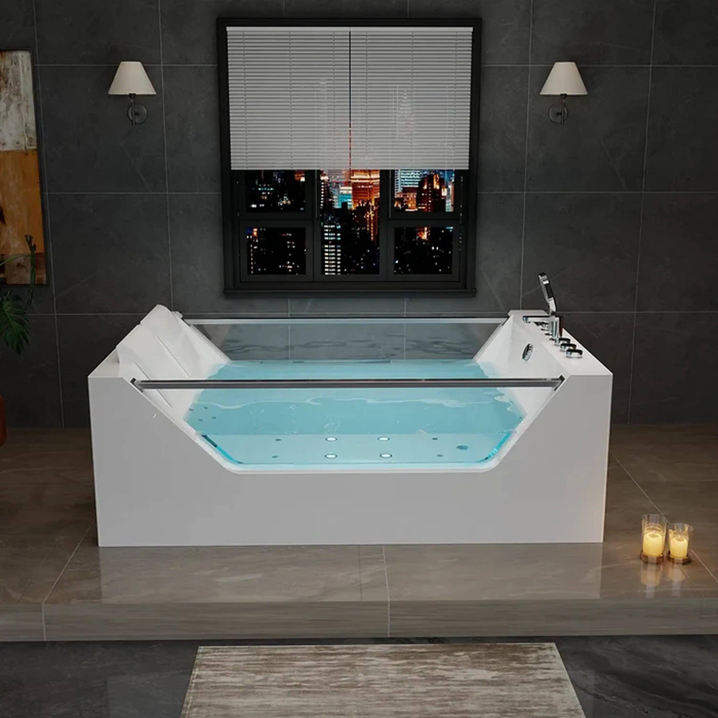 White freestanding whirlpool bathtub with blue-lit jets and dual-glass look