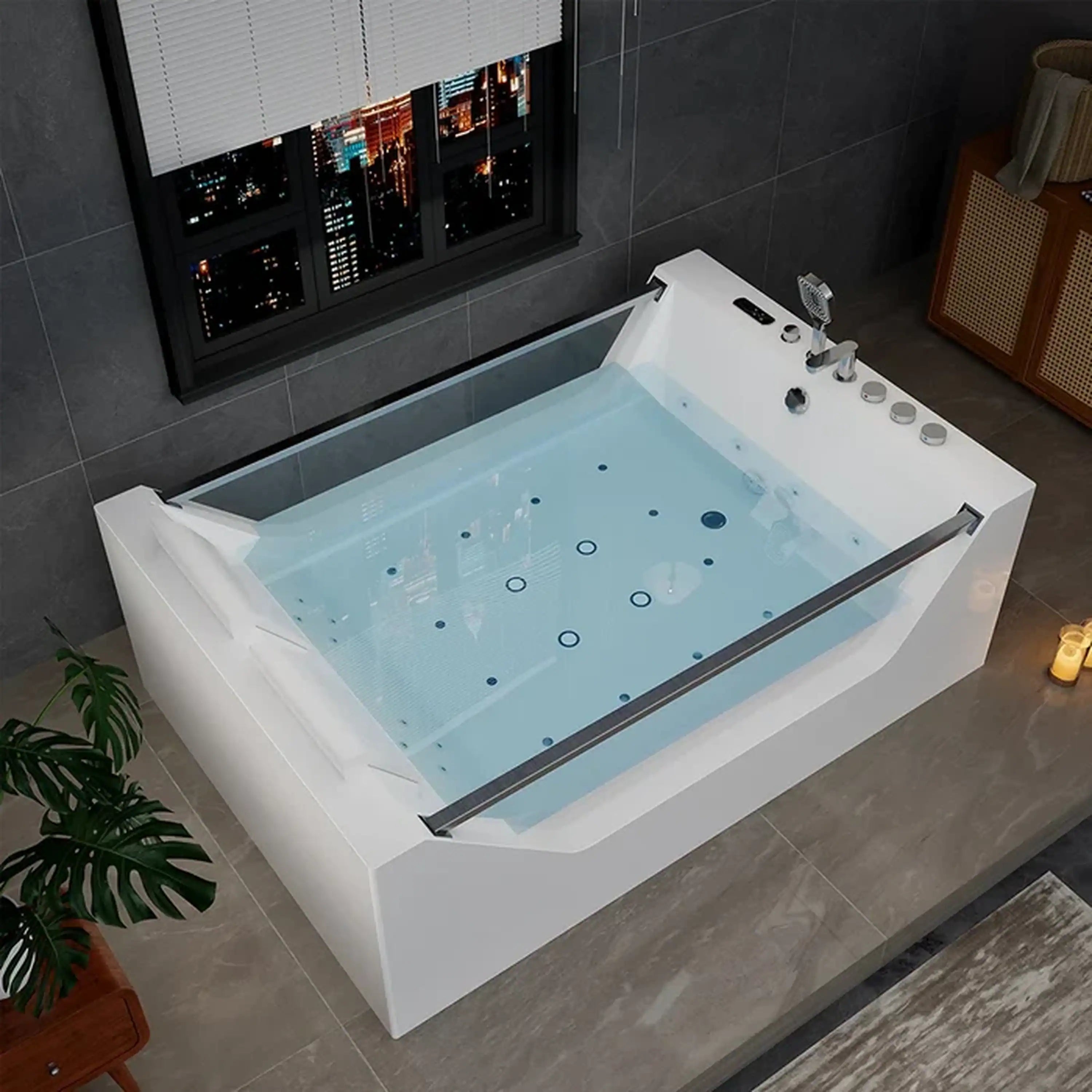 White freestanding whirlpool bathtub showing blue-lit jets and control panel