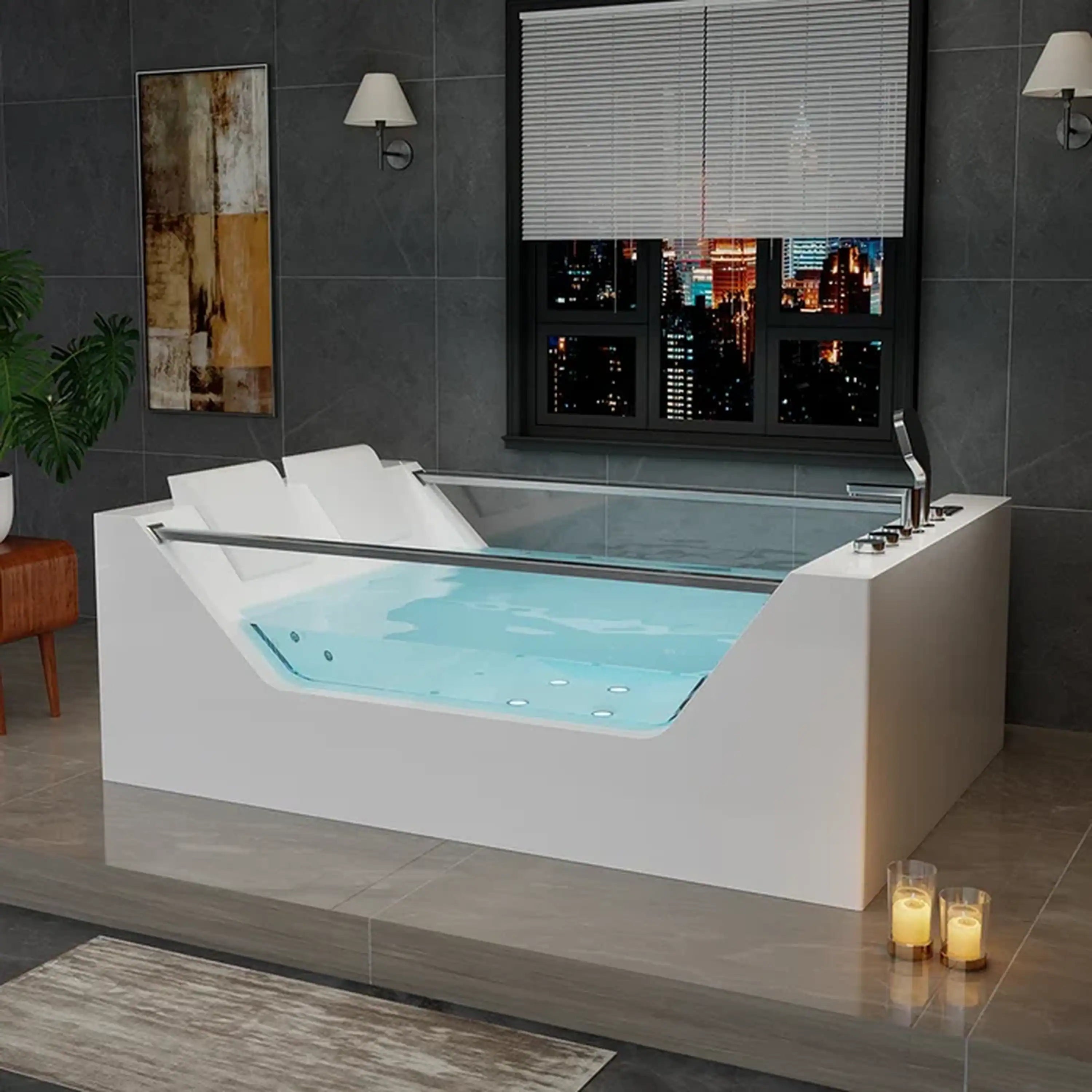 White freestanding whirlpool bathtub with water jets and integrated faucet