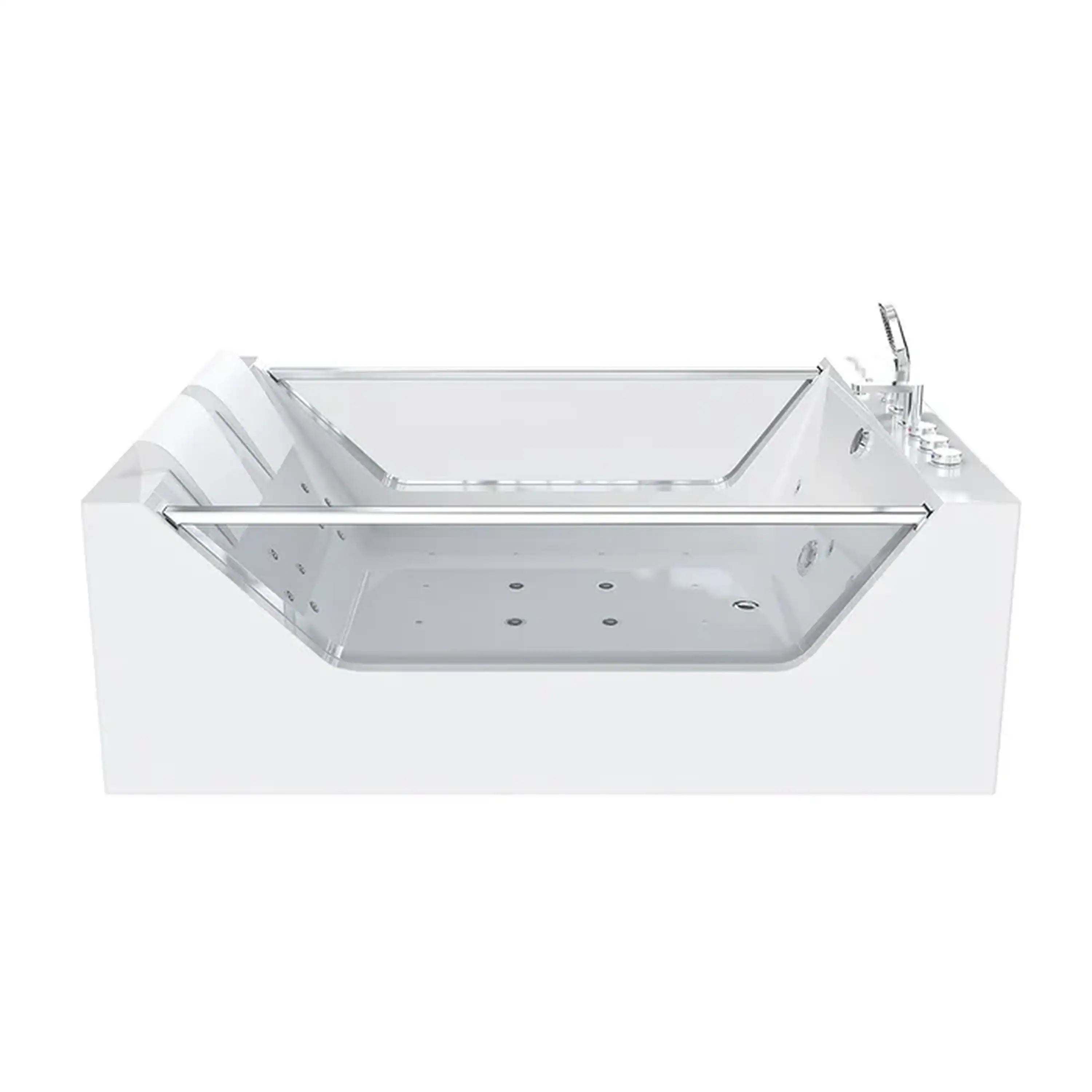 White freestanding whirlpool bathtub with clear interior and exposed jet nozzles