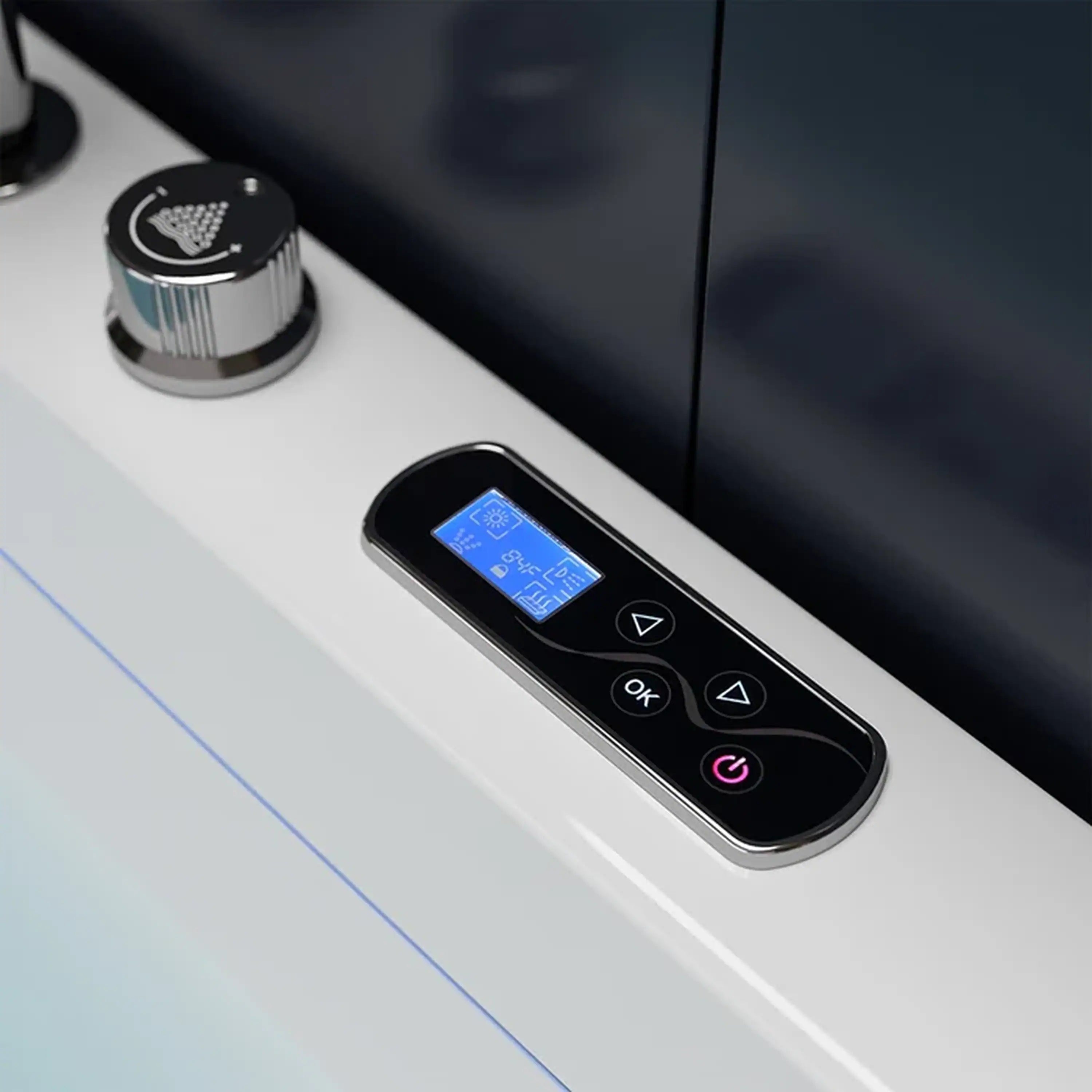Digital control panel with display and buttons on a white whirlpool tub