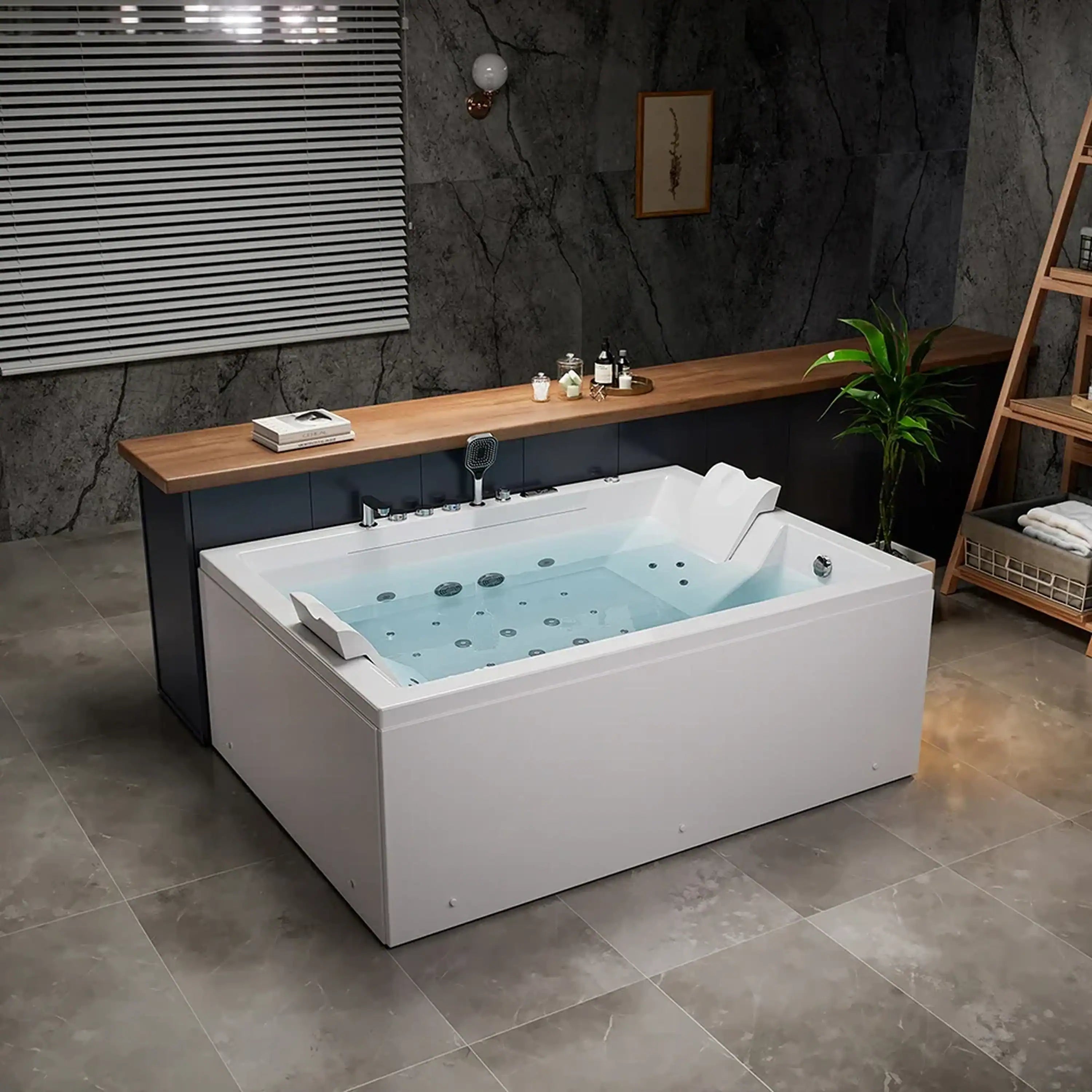 White 2-person whirlpool bathtub with multiple massage jets