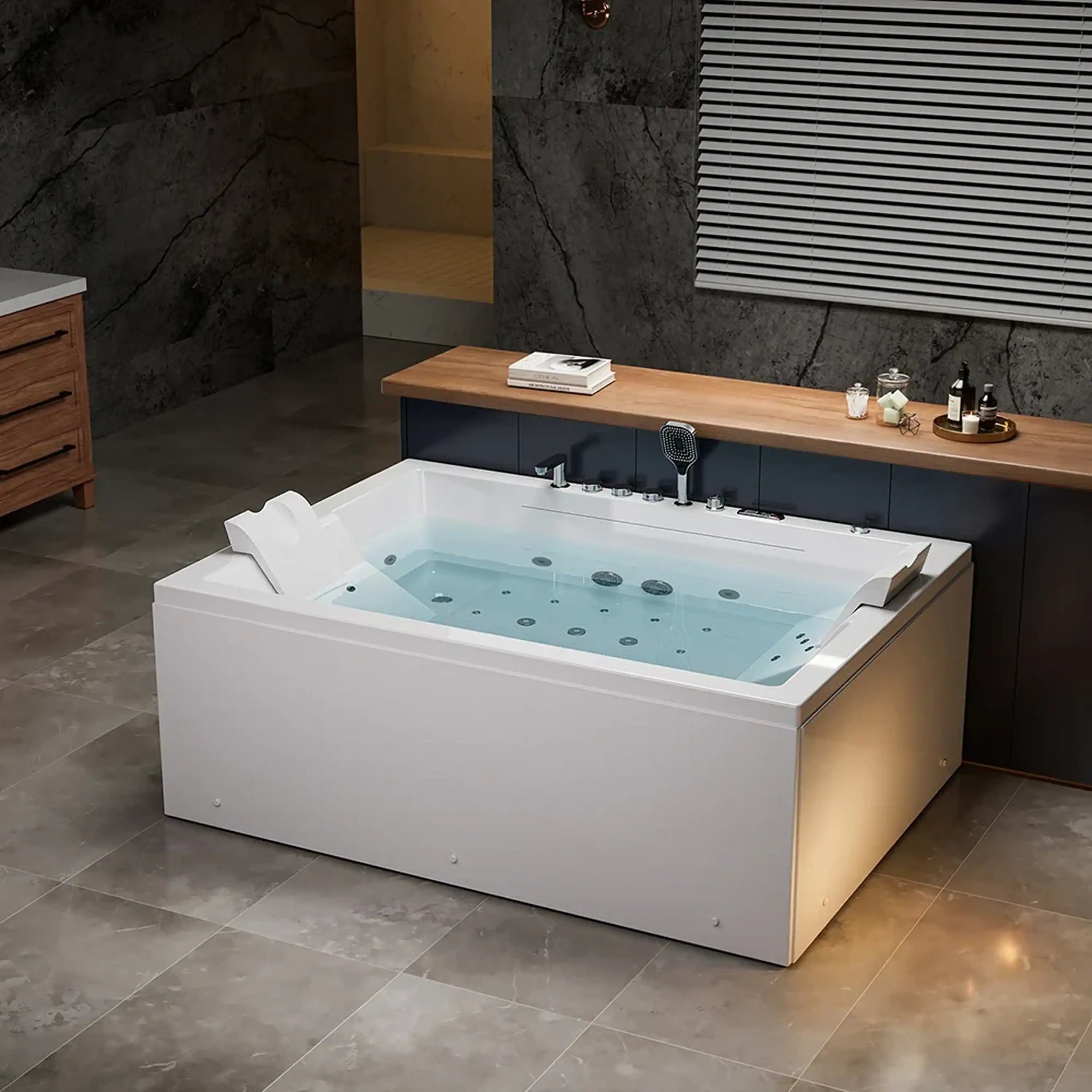 White 2-person whirlpool bathtub with massage jets and alcove design