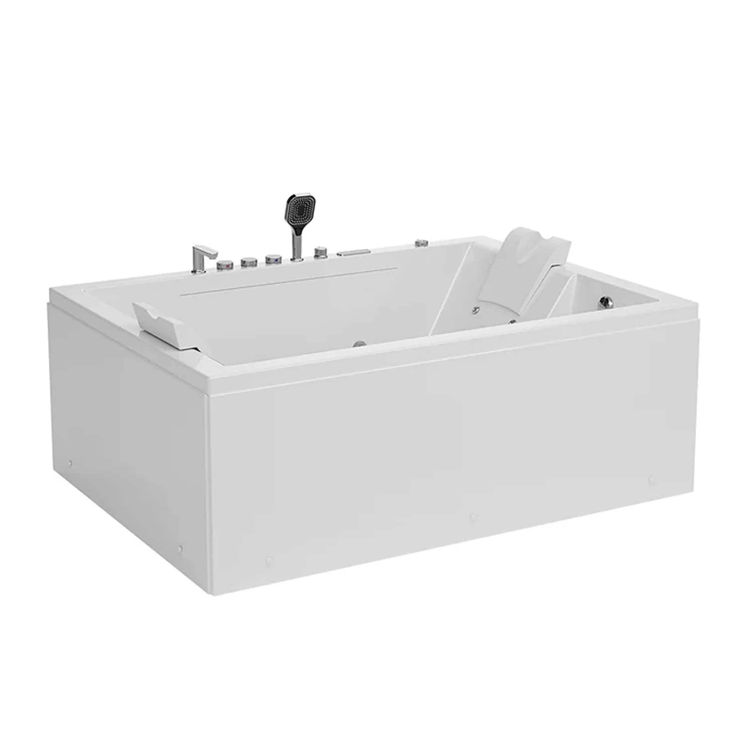 White 2-person whirlpool bathtub with headrest and multiple massage jets