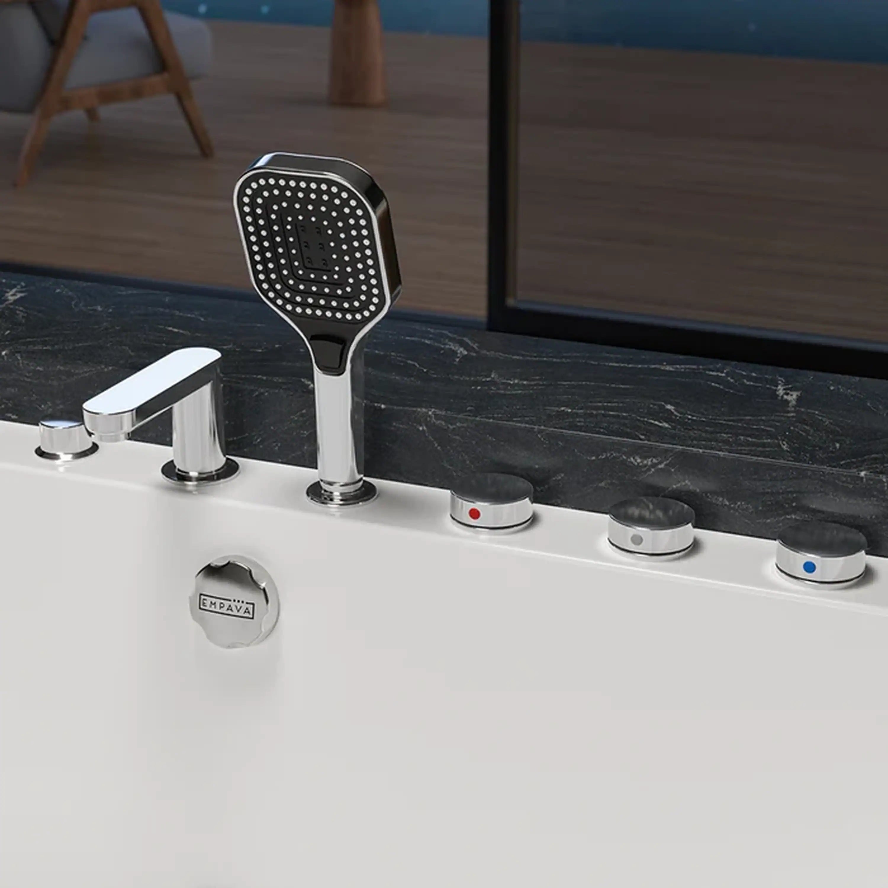 White bathtub faucet set with handheld showerhead and control knobs