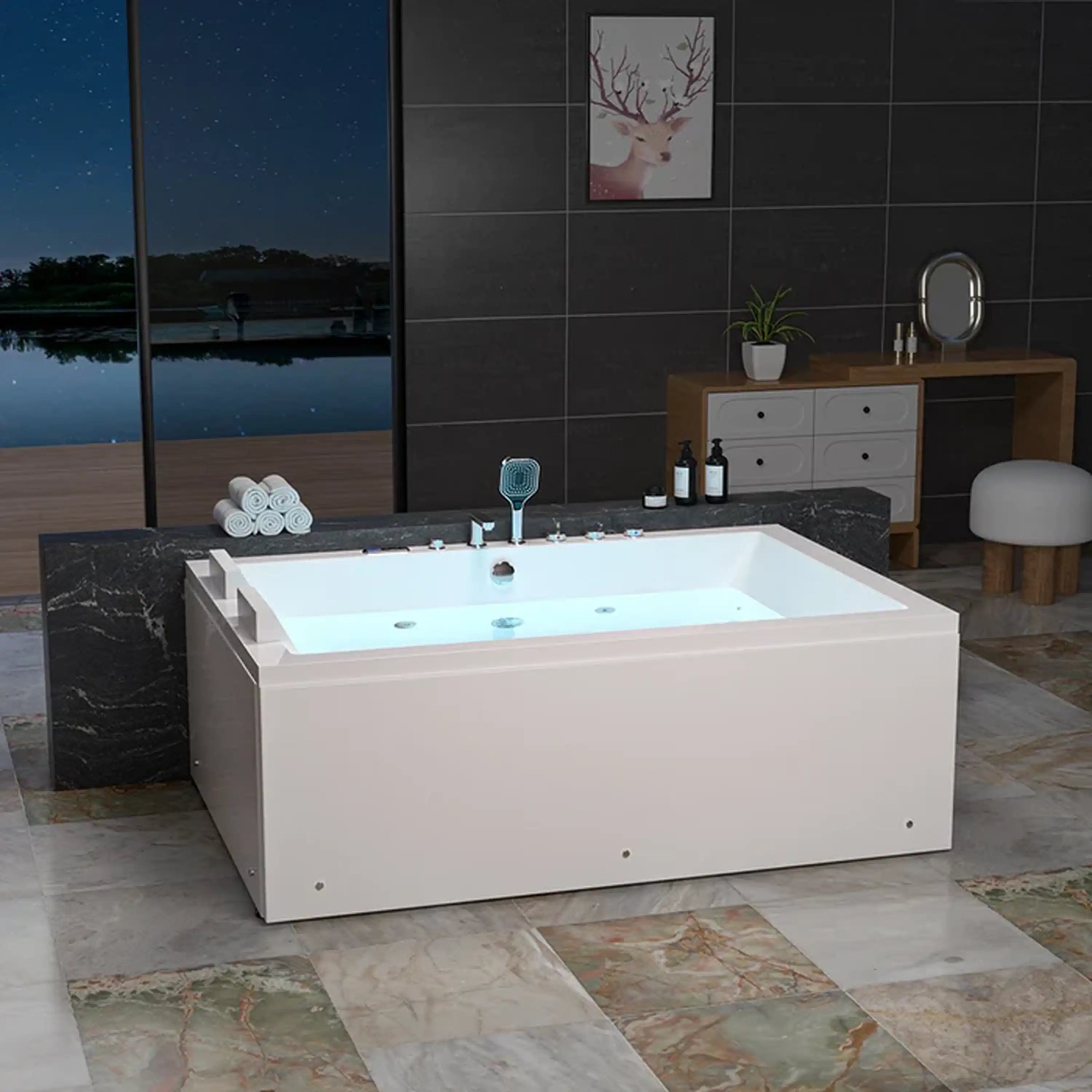 White alcove dual-massage whirlpool bathtub with center drain, front view