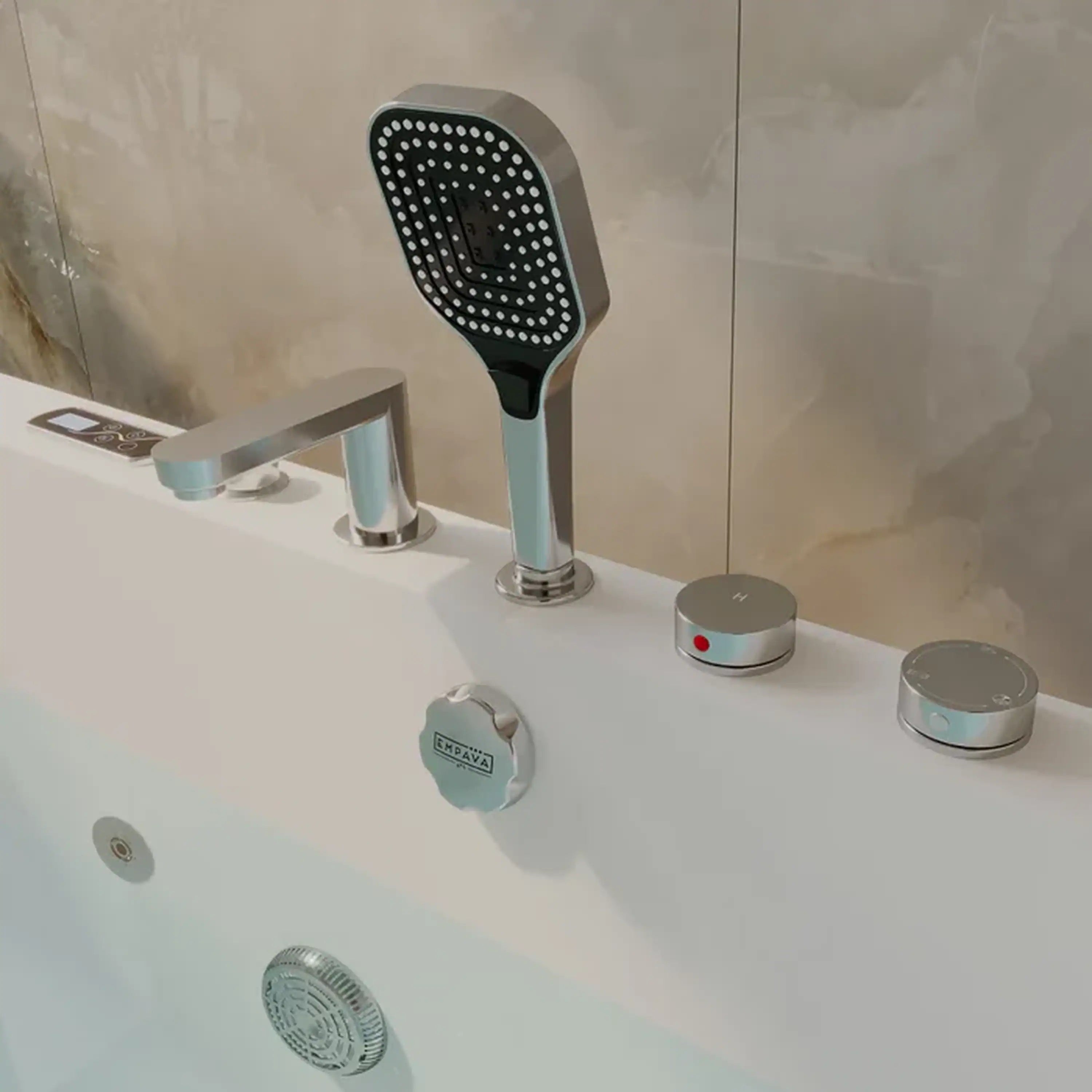 White whirlpool tub faucet set with overhead shower head, side control buttons, jets