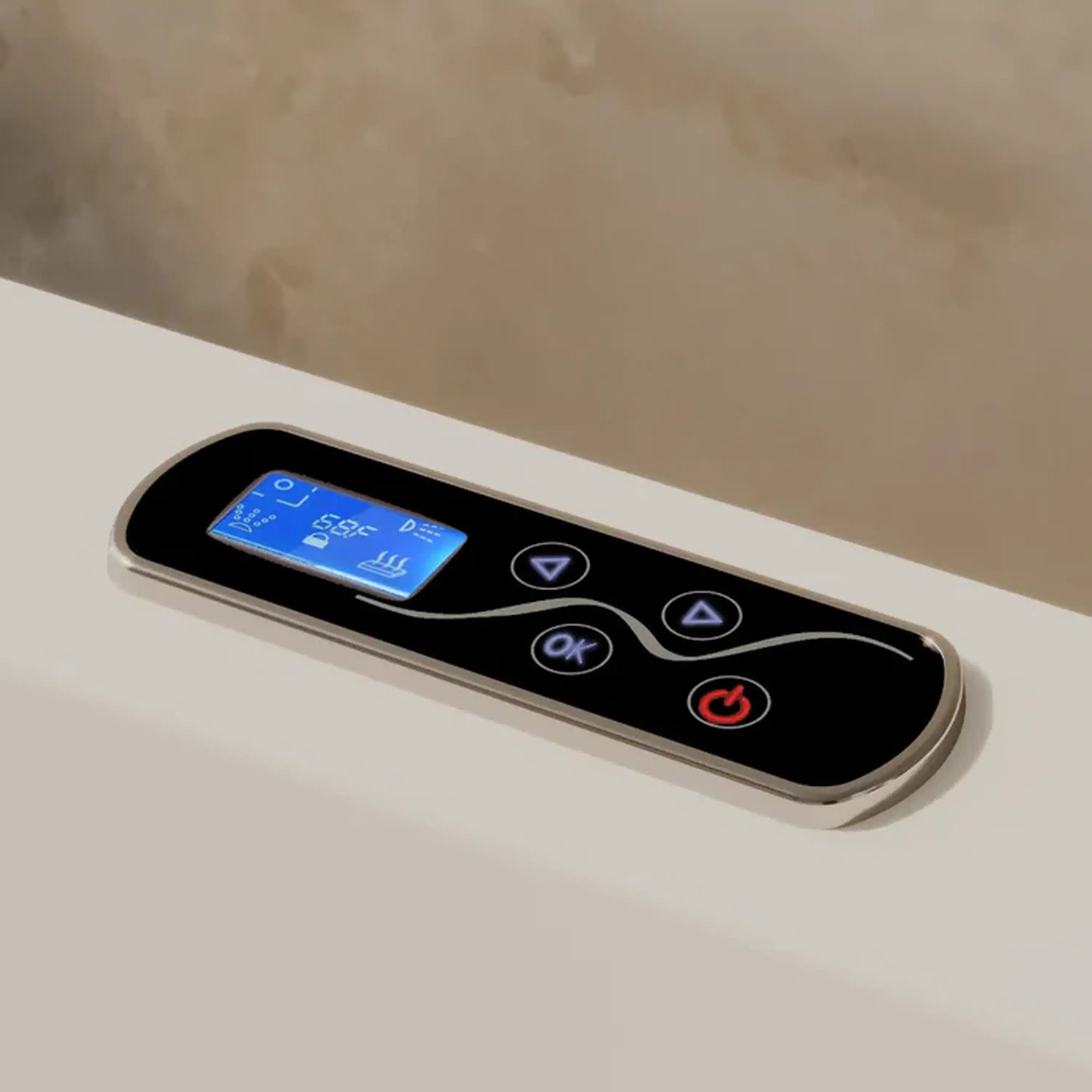 White whirlpool bathtub inline heater control panel with digital display and buttons