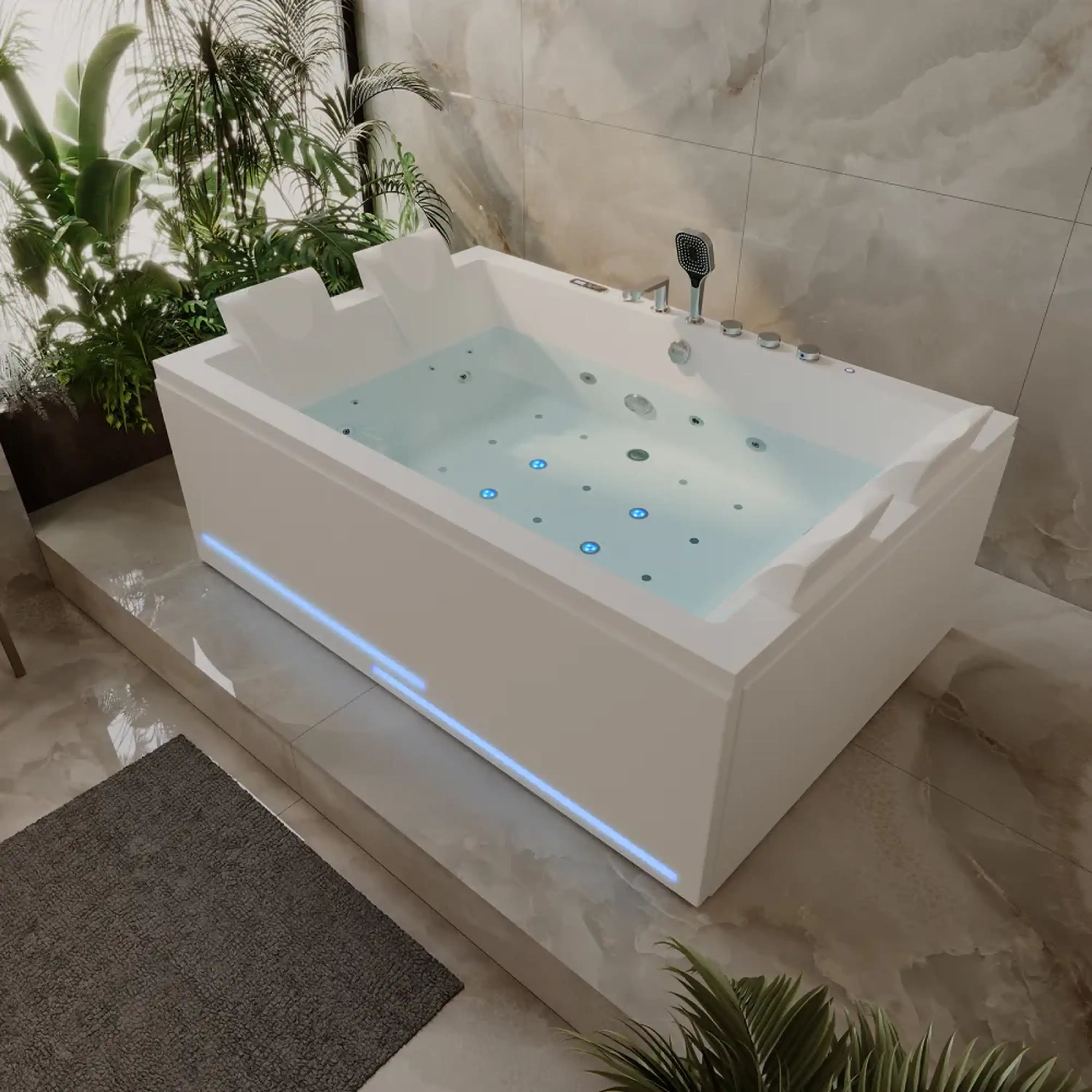 White alcove whirlpool bathtub with multiple jets and blue-lit trim, 2-person size