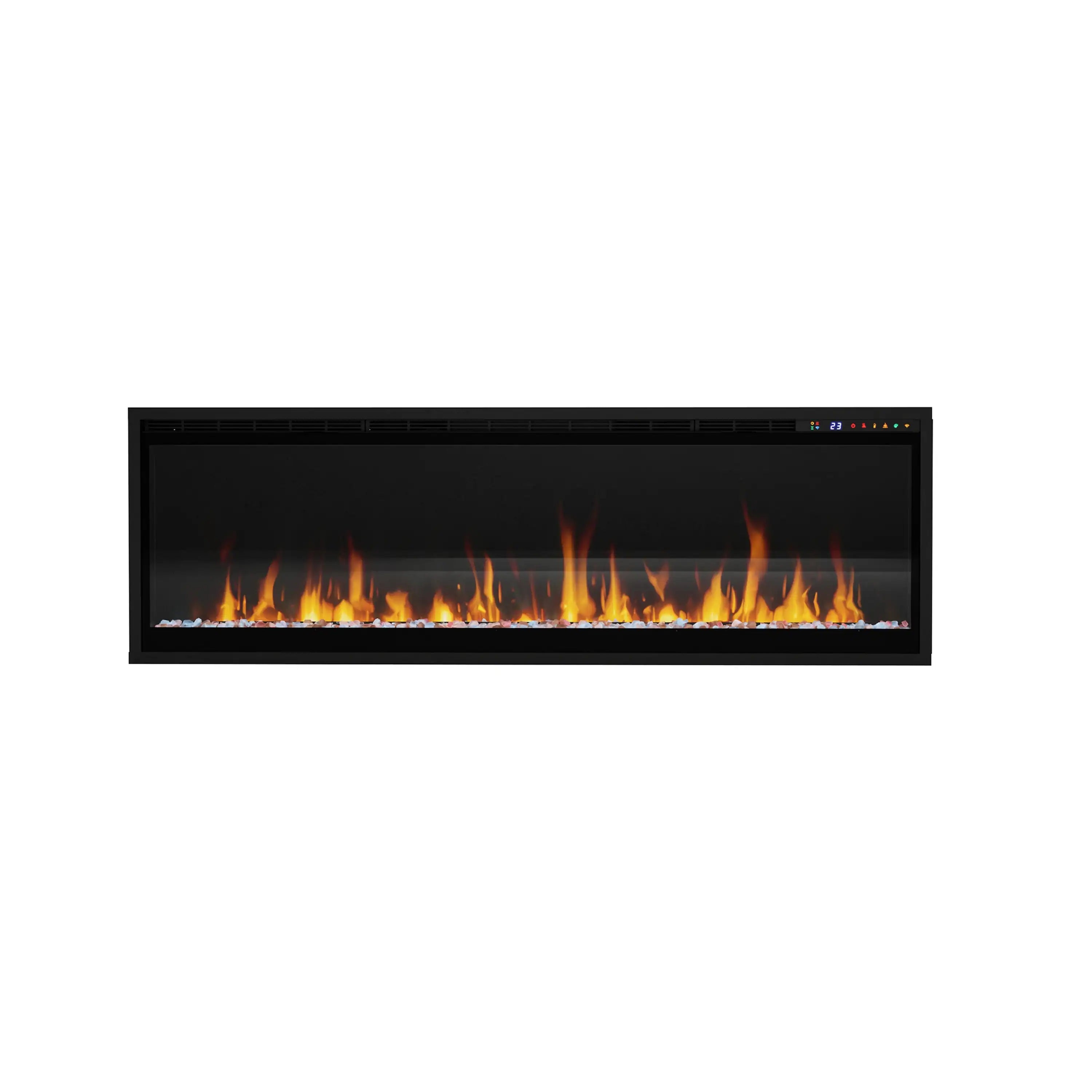 Black linear electric fireplace with wide flame window and dark bezel frame