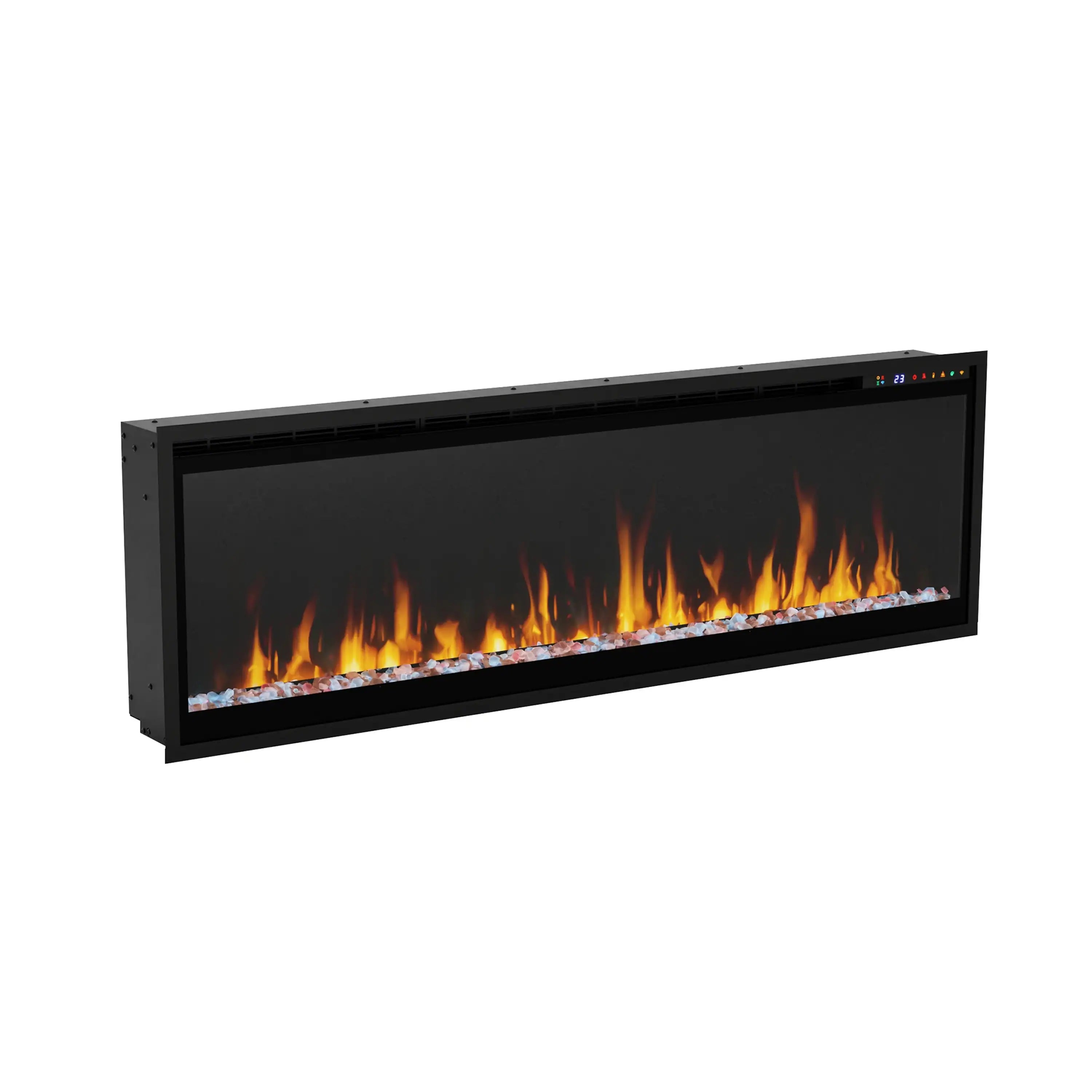 Black linear electric fireplace with horizontal flame view and small LED indicators