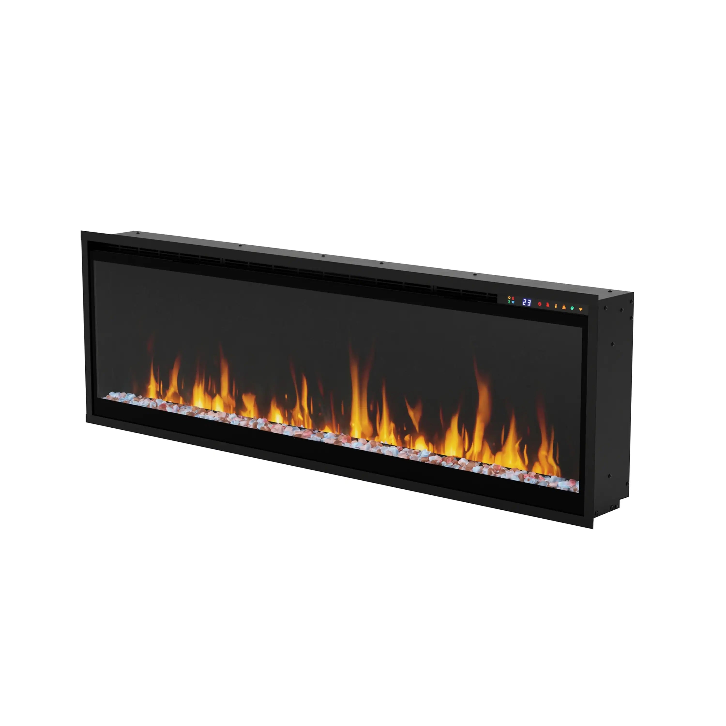 Black linear electric fireplace with flame display in a wide rectangular frame