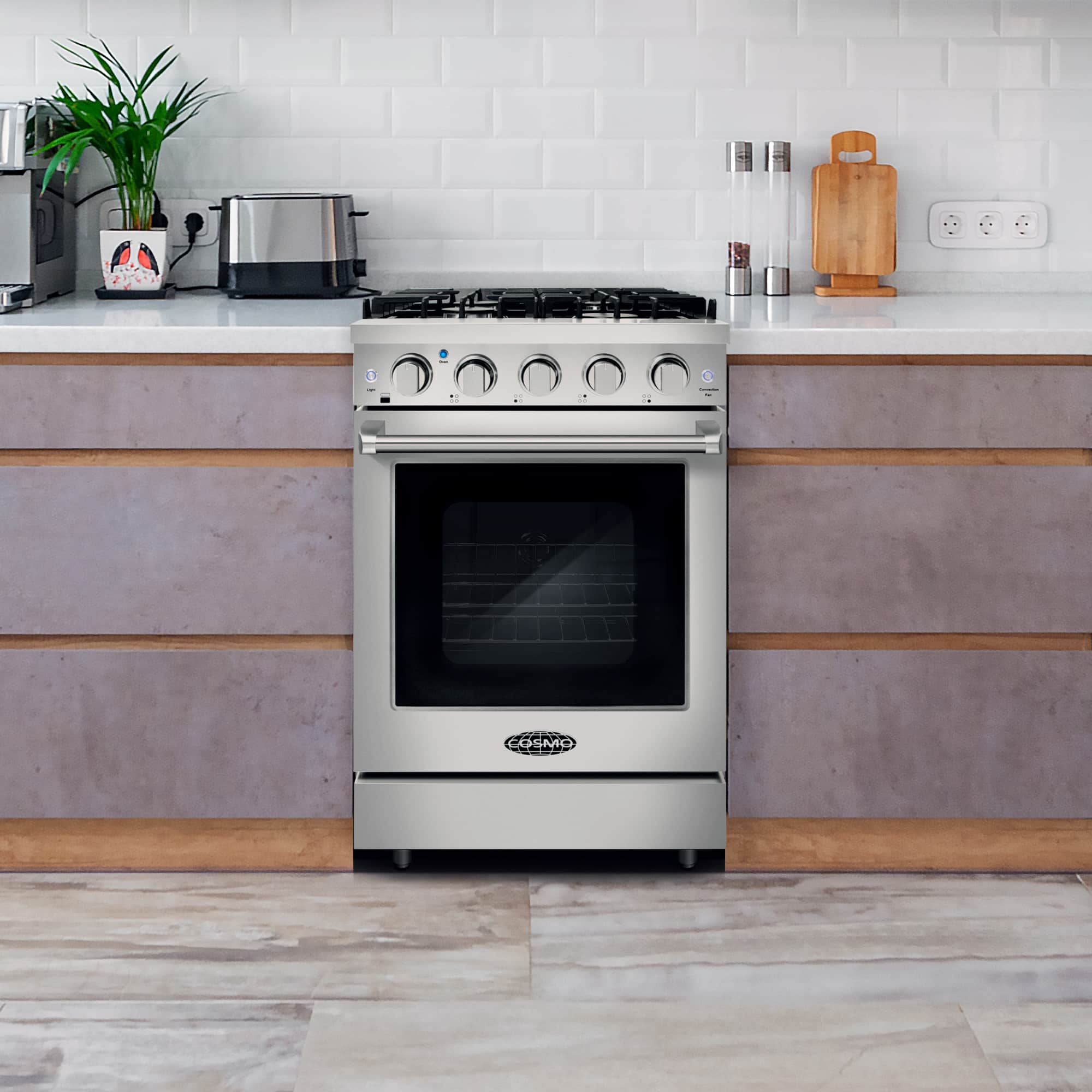 Stainless steel 24-inch freestanding gas range with four sealed burners and oven door window