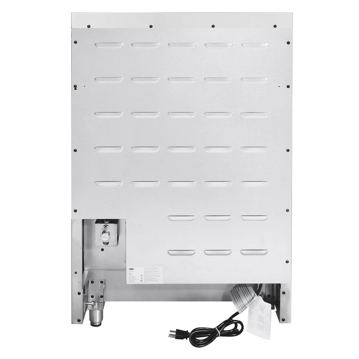Stainless steel gas range rear panel with regulator and power cord