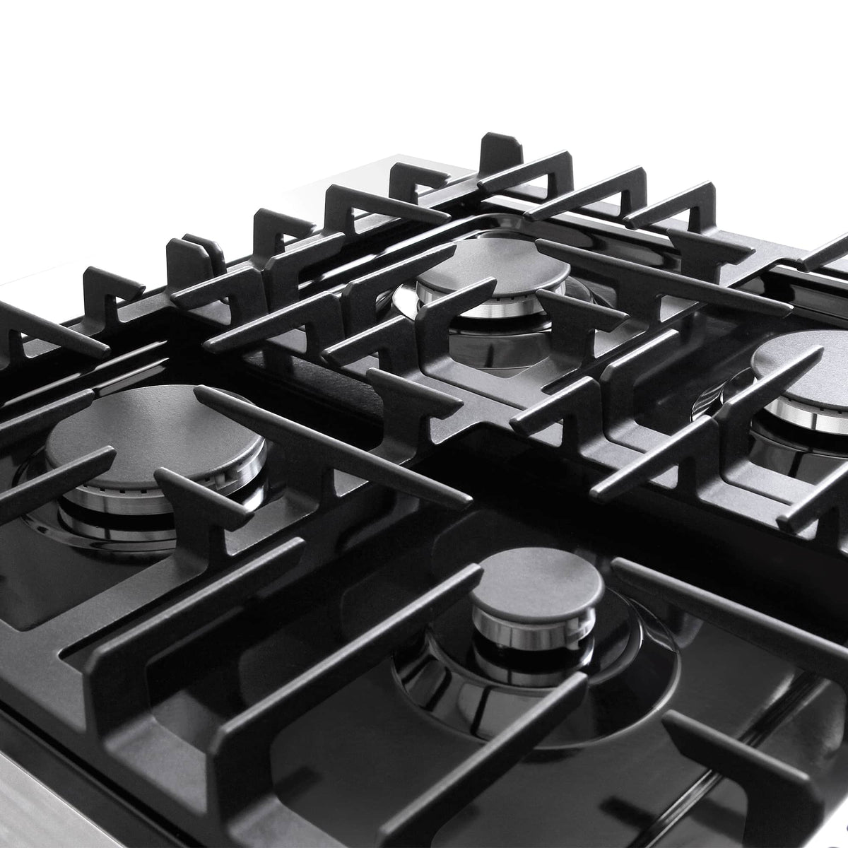 Stainless steel gas cooktop with black cast-iron style burner grates