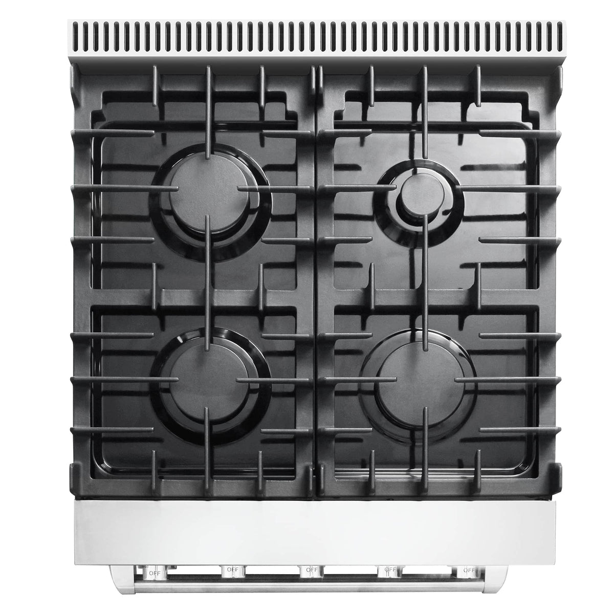 Stainless steel gas cooktop with four burner caps and black grates