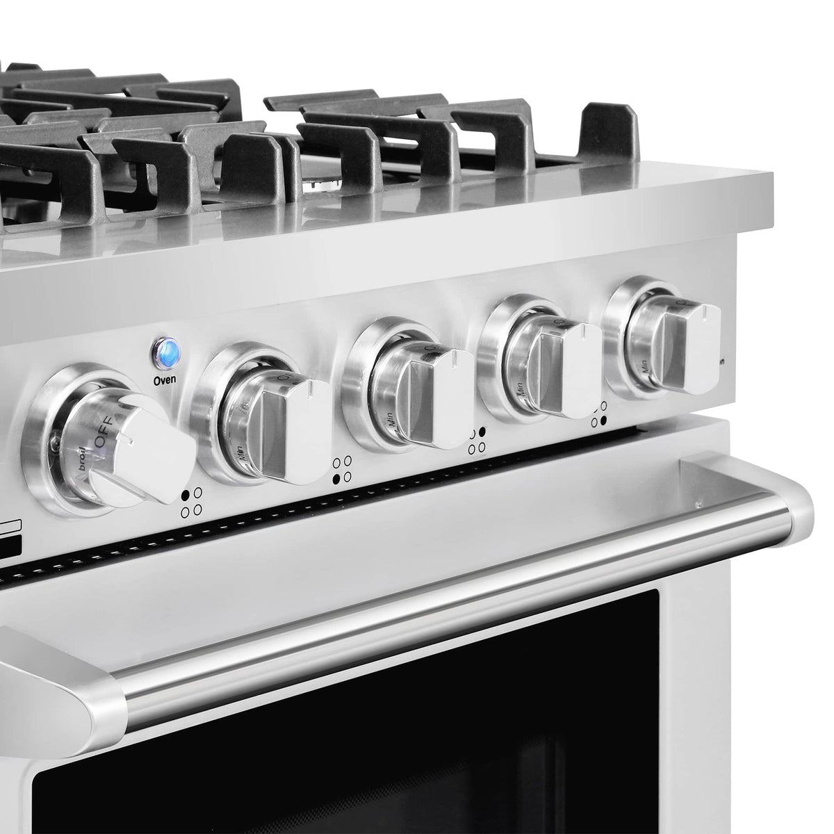 Stainless steel gas range control knobs and oven door handle