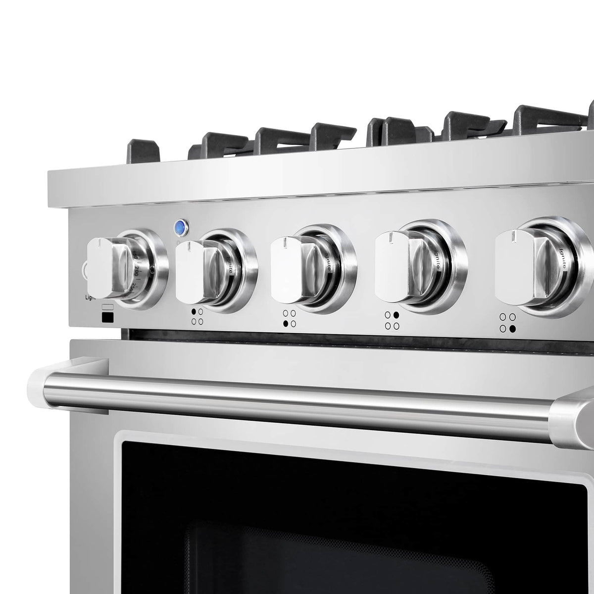Stainless steel gas range front control panel with four knobs