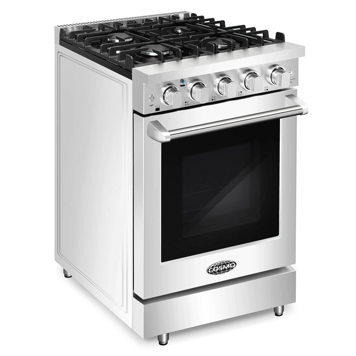 Stainless steel freestanding gas range with four burners and oven door