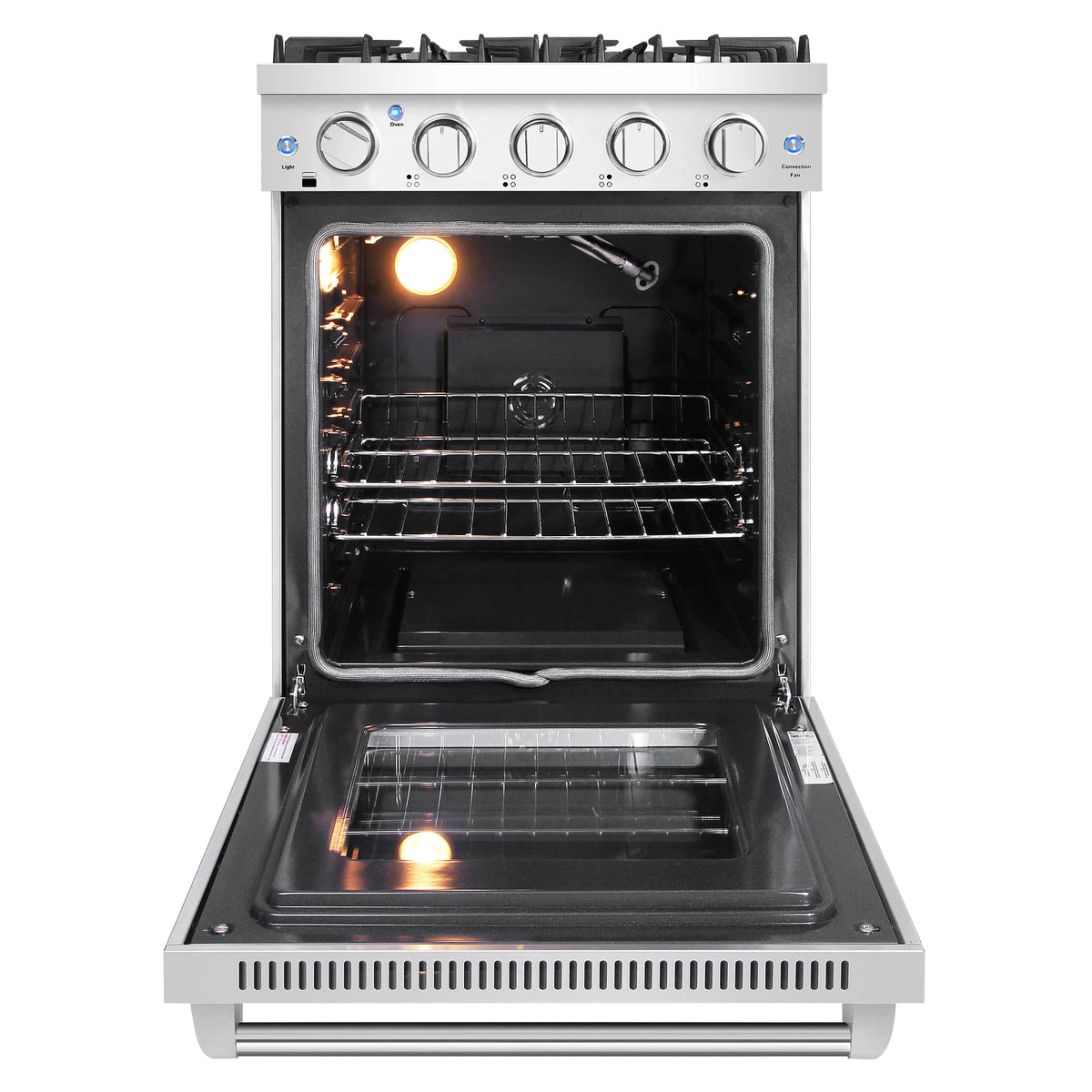 Stainless steel gas range oven with interior racks and glowing light