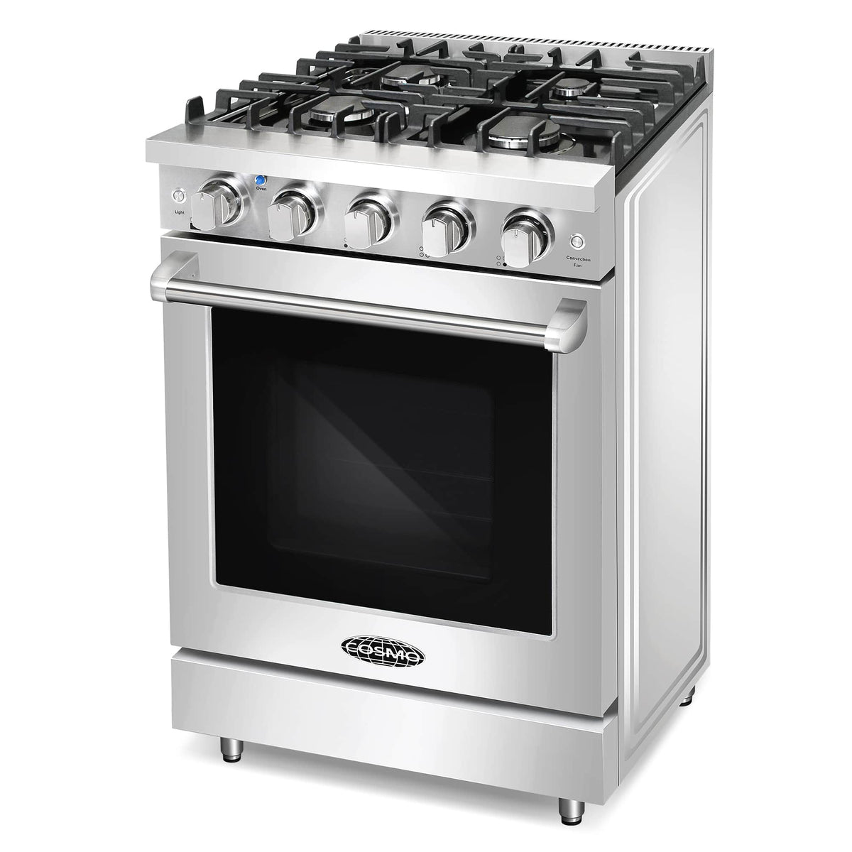 Stainless steel gas range with four burners and front oven window