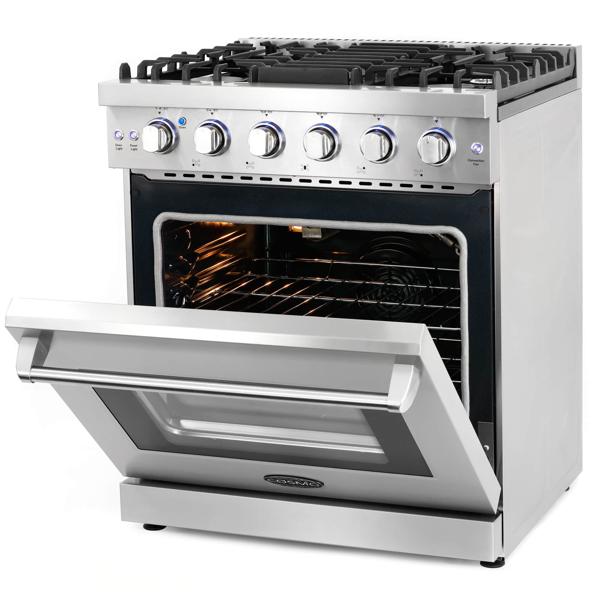 Stainless steel freestanding gas range with black cooktop grates and open oven door