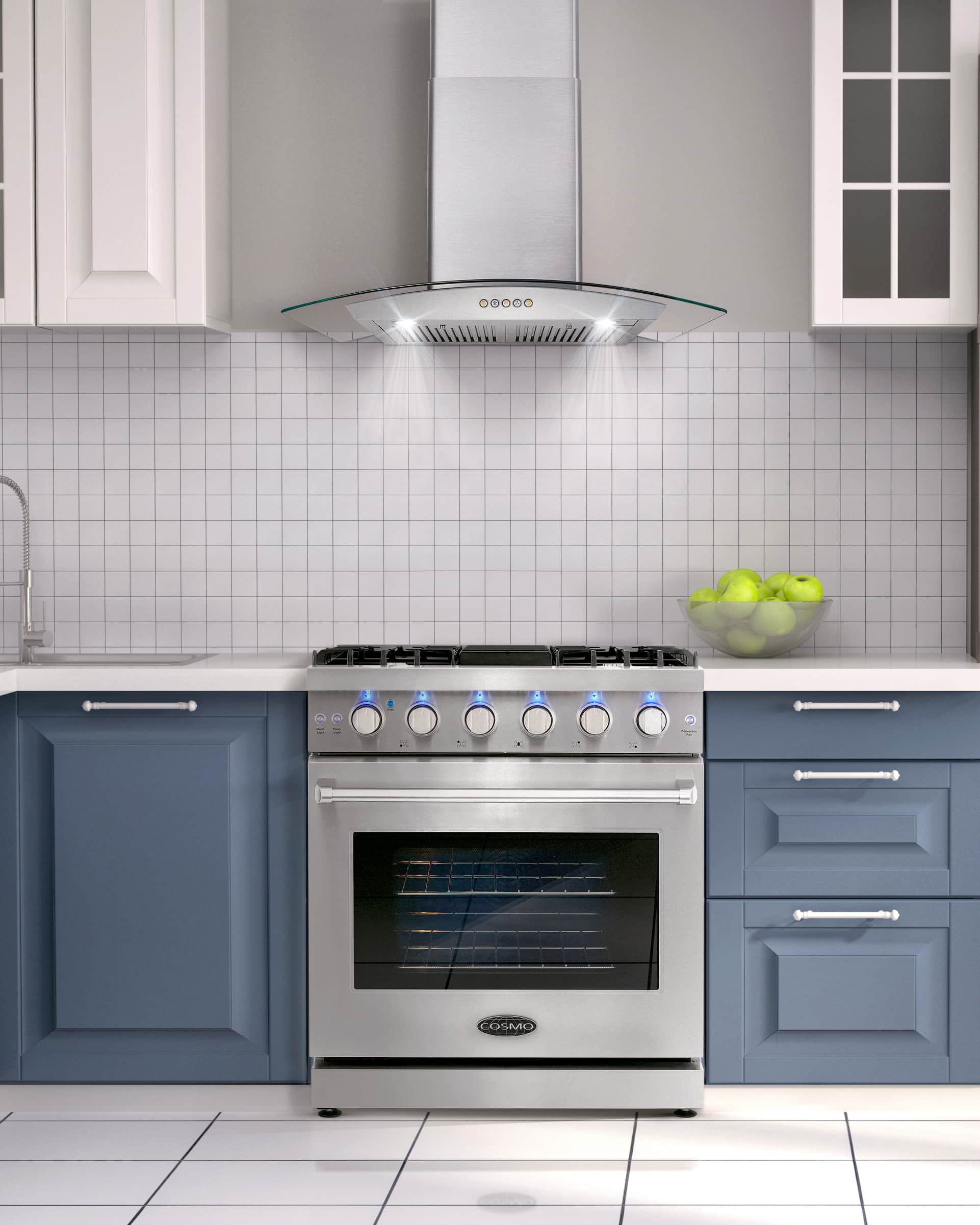Stainless steel freestanding gas range with five-burner cooktop and built-in oven