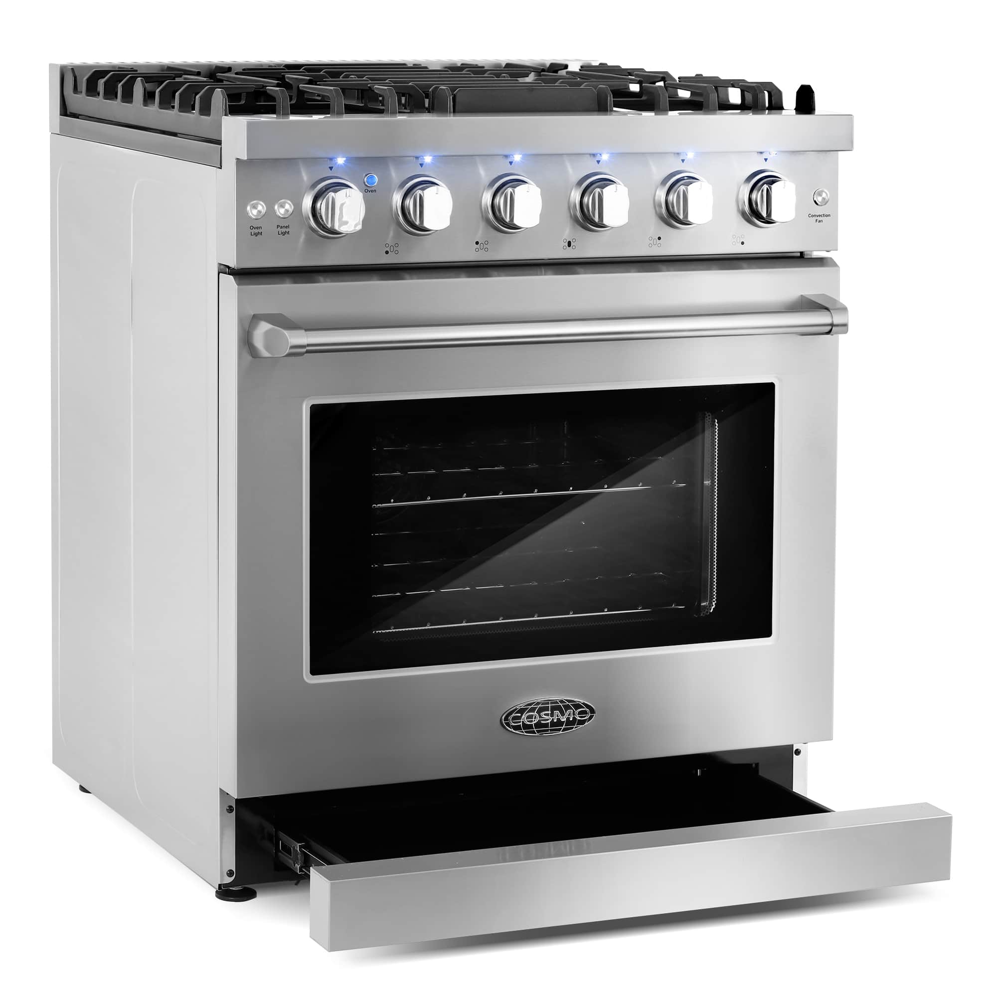 Stainless steel gas range with burner knobs, oven window, and black cooktop grates