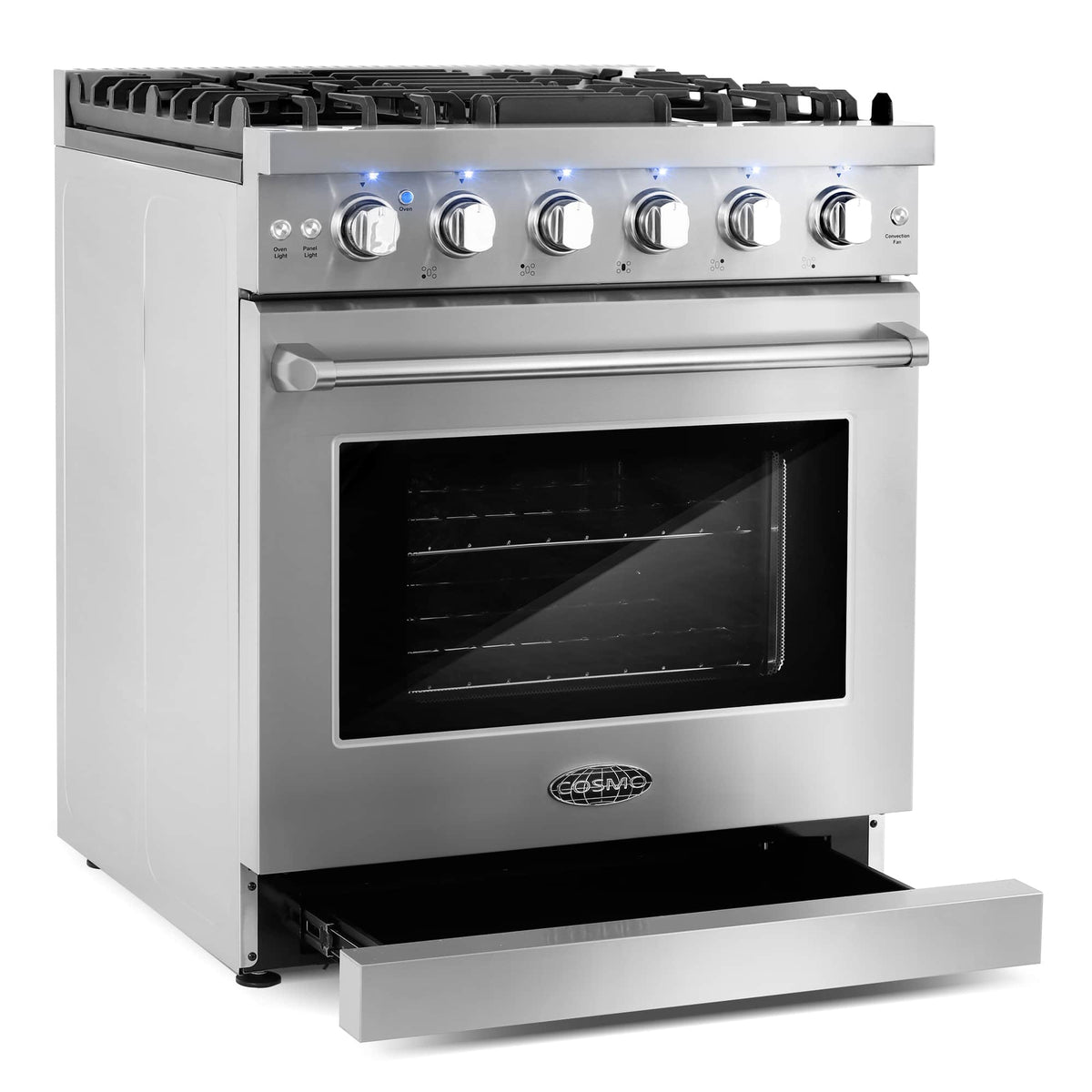 Stainless steel 30-inch gas range with front oven door and control knobs
