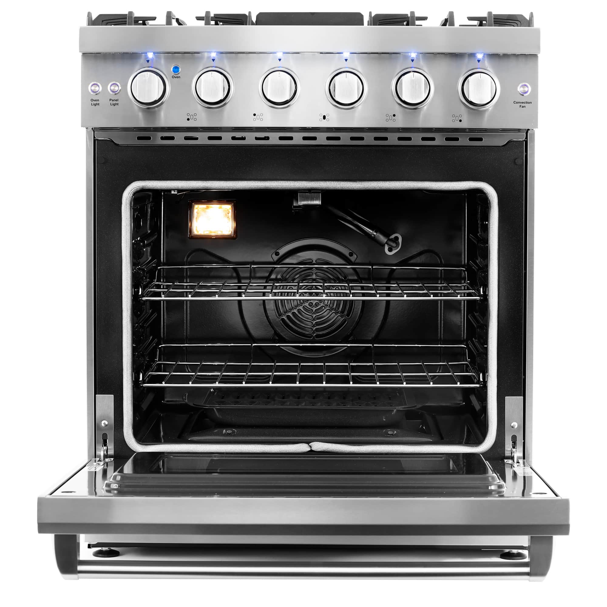 Open stainless gas oven interior with racks and back burner element